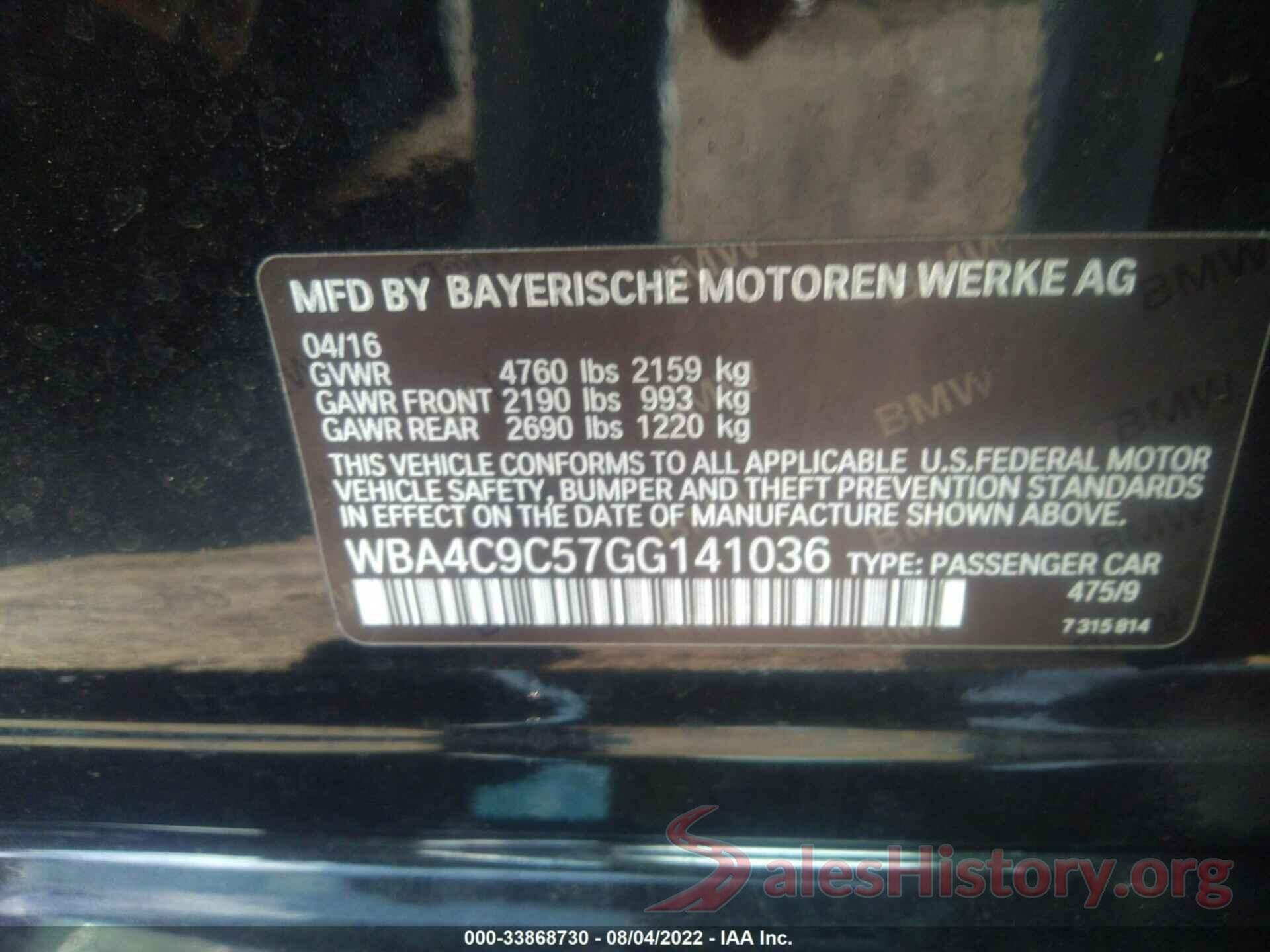 WBA4C9C57GG141036 2016 BMW 4 SERIES