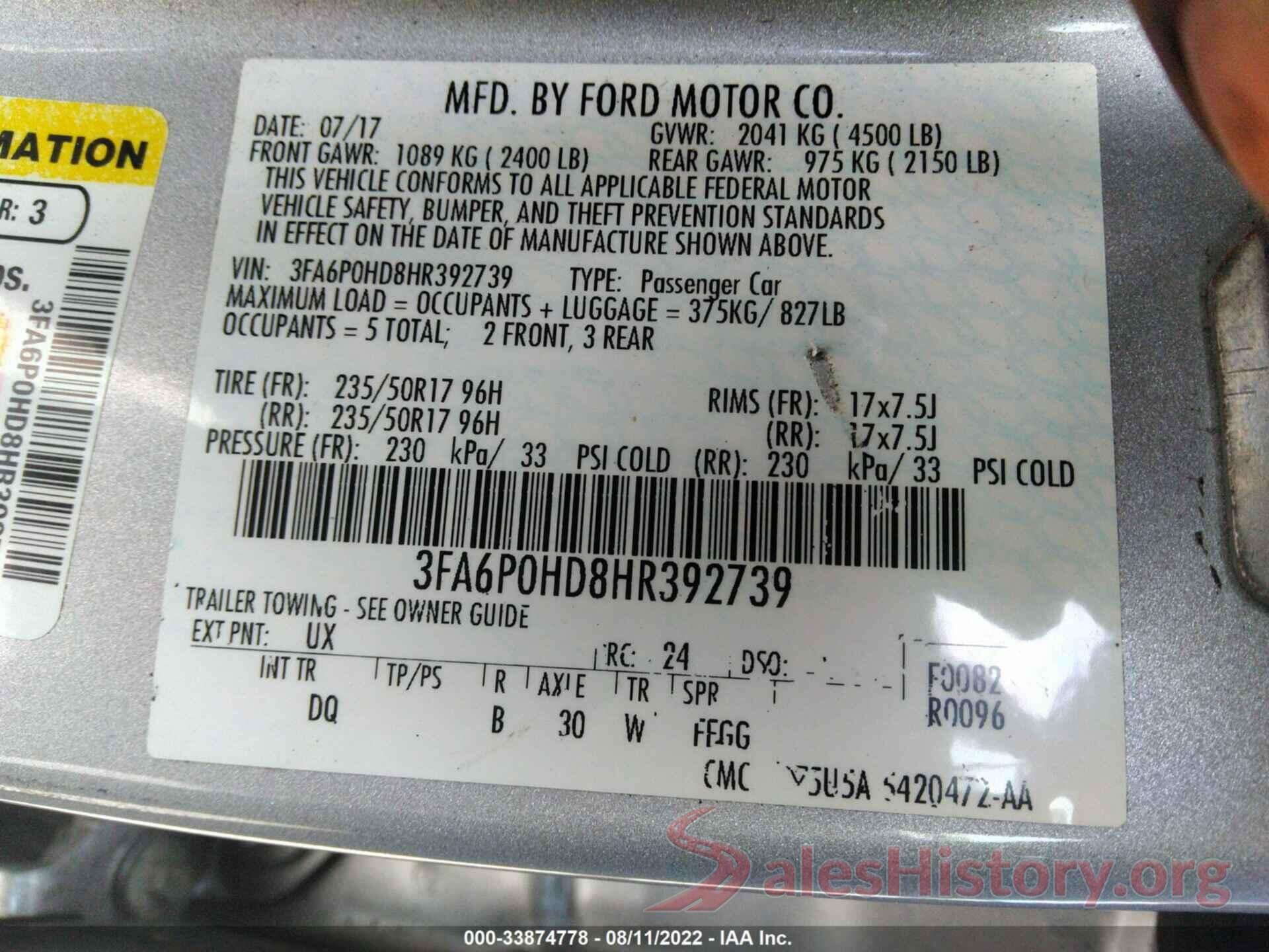 3FA6P0HD8HR392739 2017 FORD FUSION