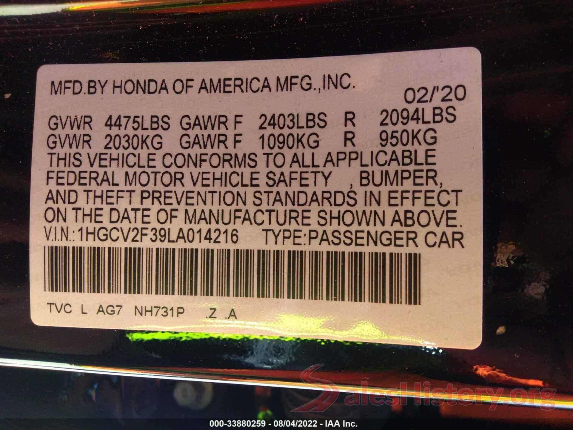 1HGCV2F39LA014216 2020 HONDA ACCORD SEDAN