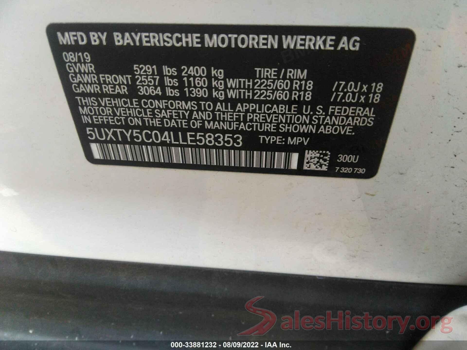 5UXTY5C04LLE58353 2020 BMW X3