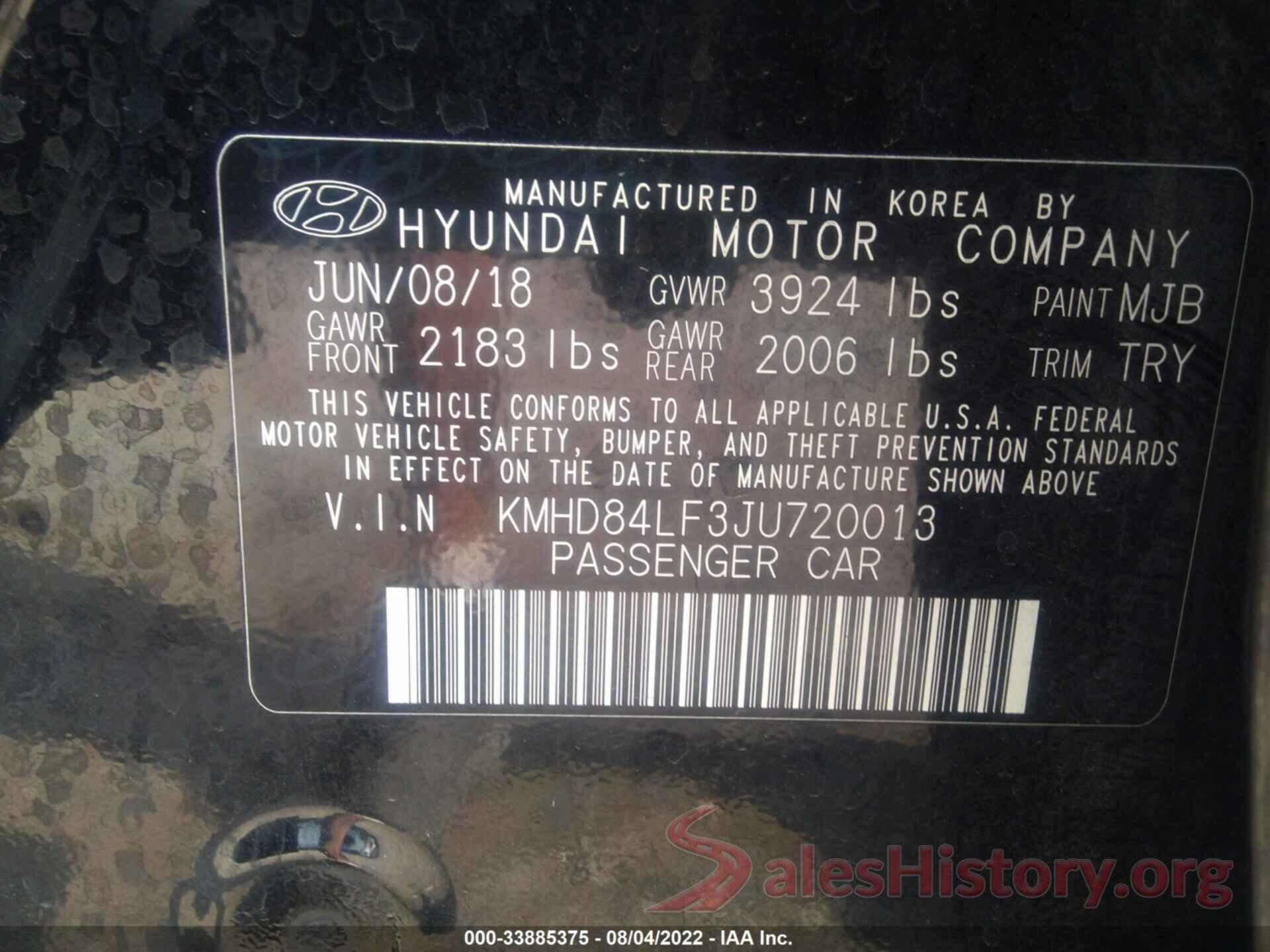 KMHD84LF3JU720013 2018 HYUNDAI ELANTRA