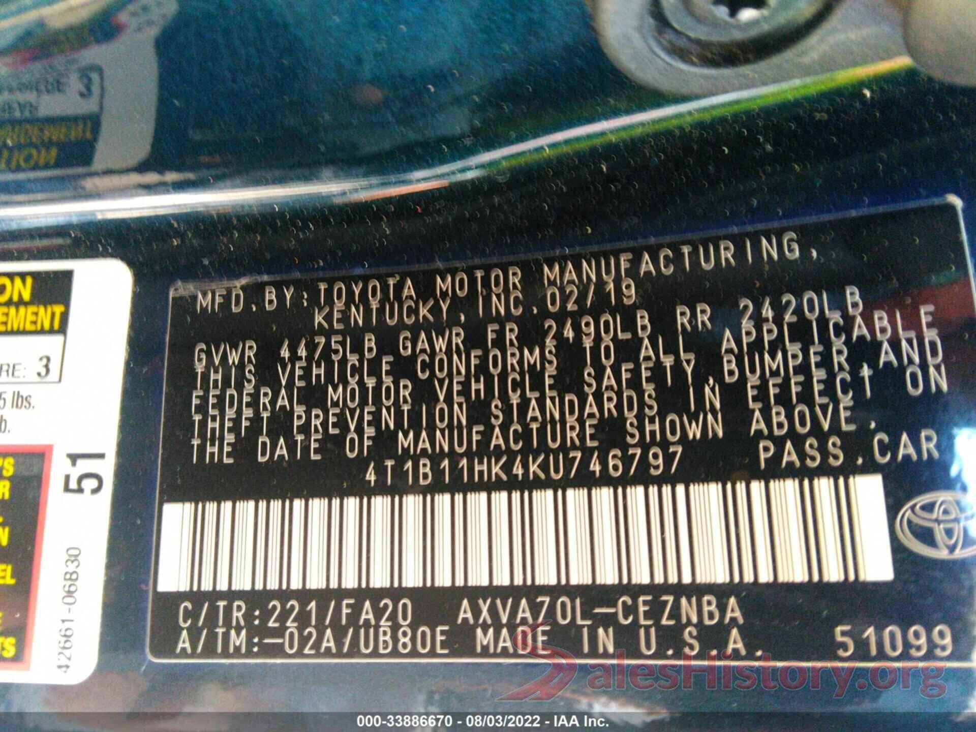 4T1B11HK4KU746797 2019 TOYOTA CAMRY