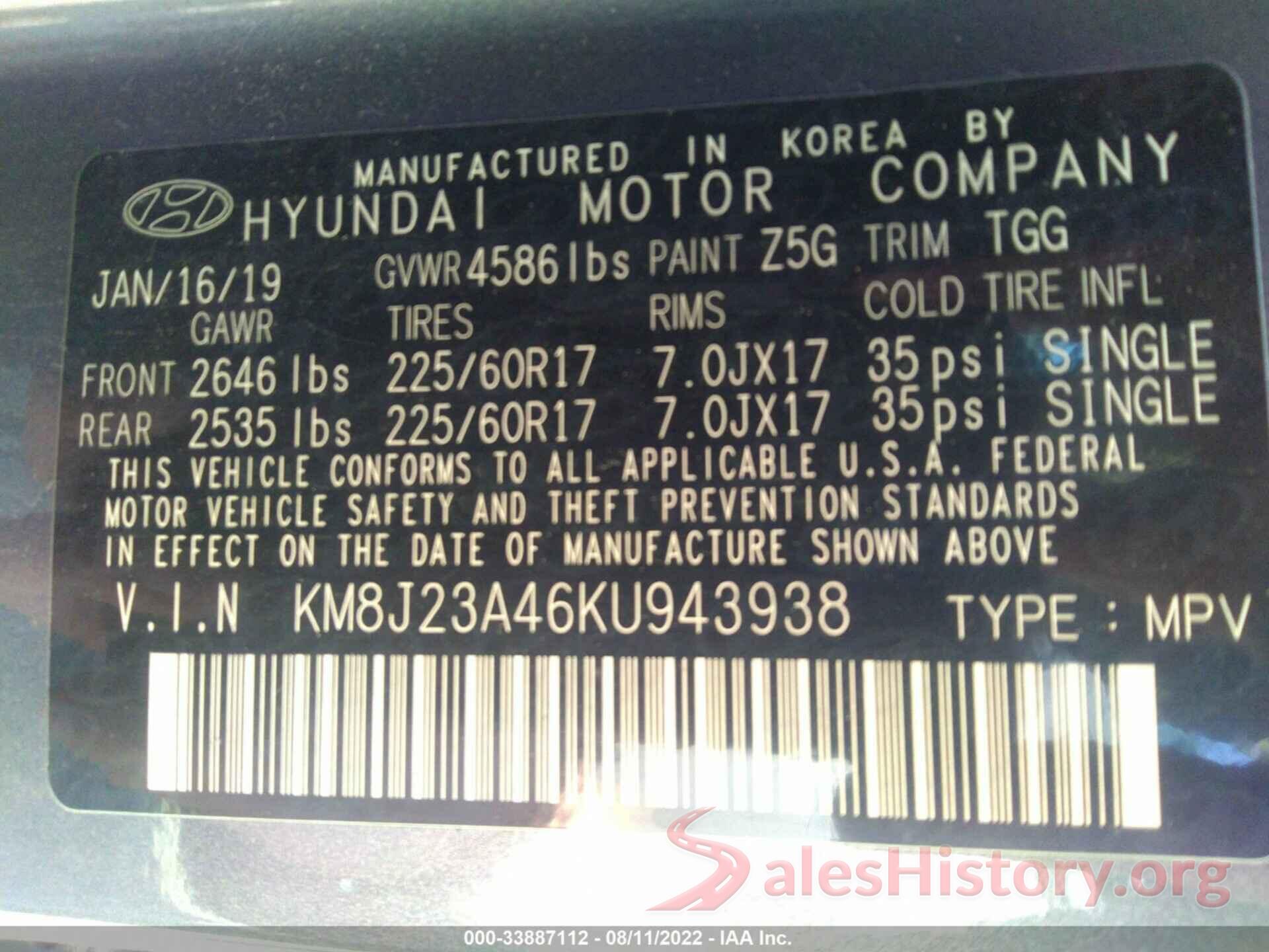 KM8J23A46KU943938 2019 HYUNDAI TUCSON