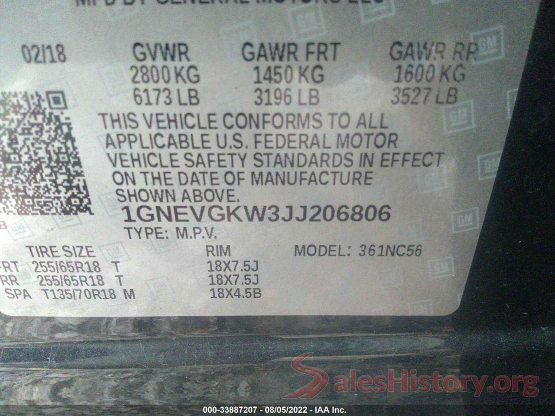 1GNEVGKW3JJ206806 2018 CHEVROLET TRAVERSE