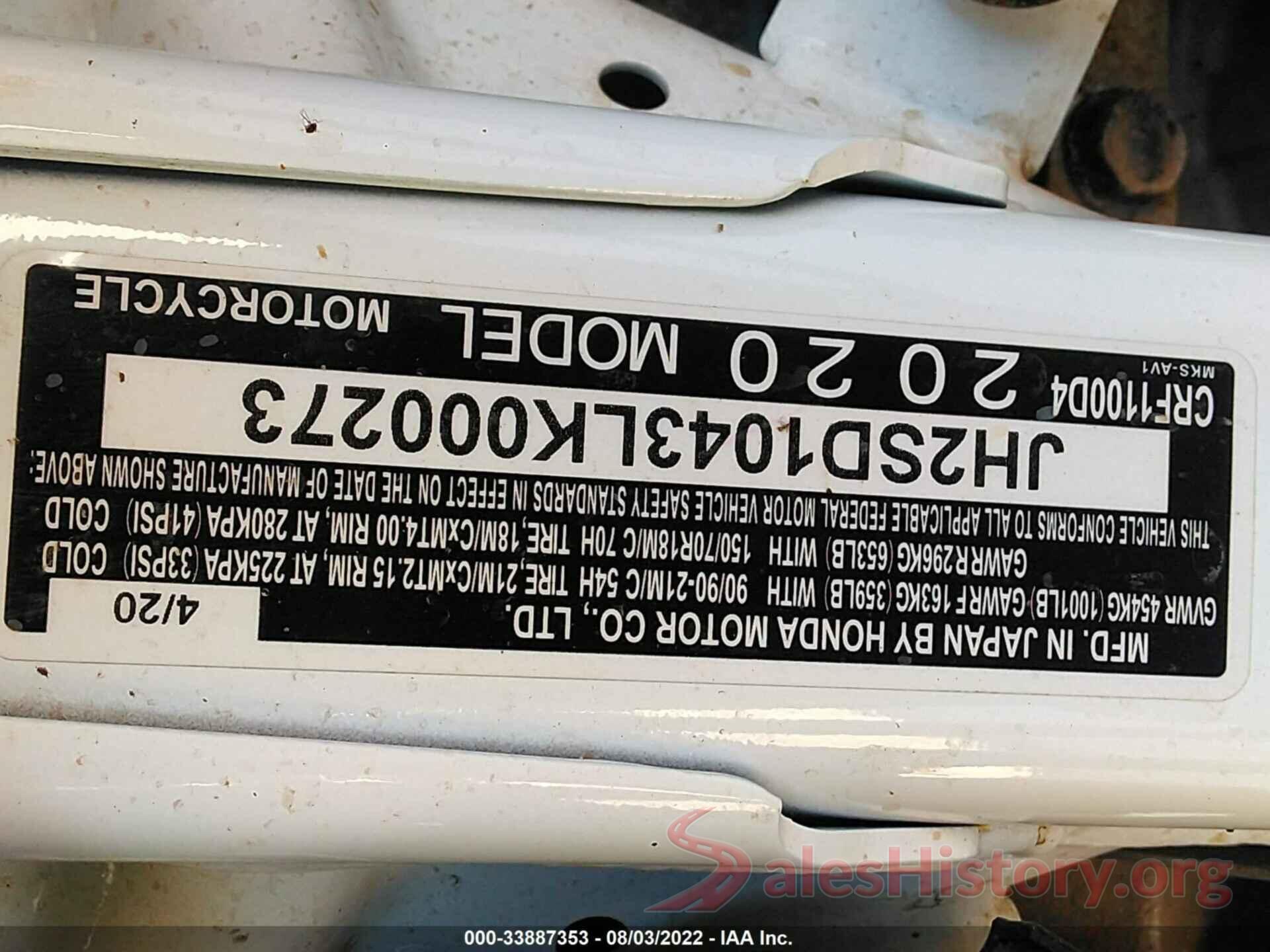 JH2SD1043LK000273 2020 HONDA CRF1100