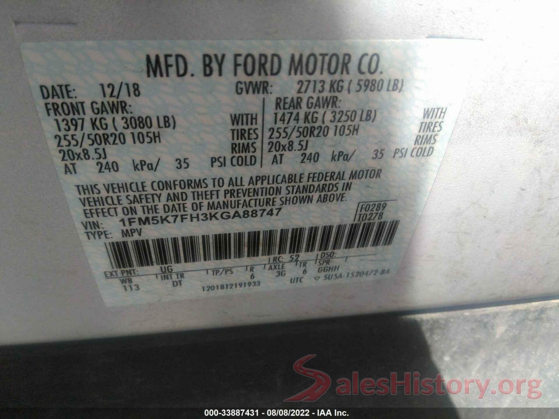 1FM5K7FH3KGA88747 2019 FORD EXPLORER