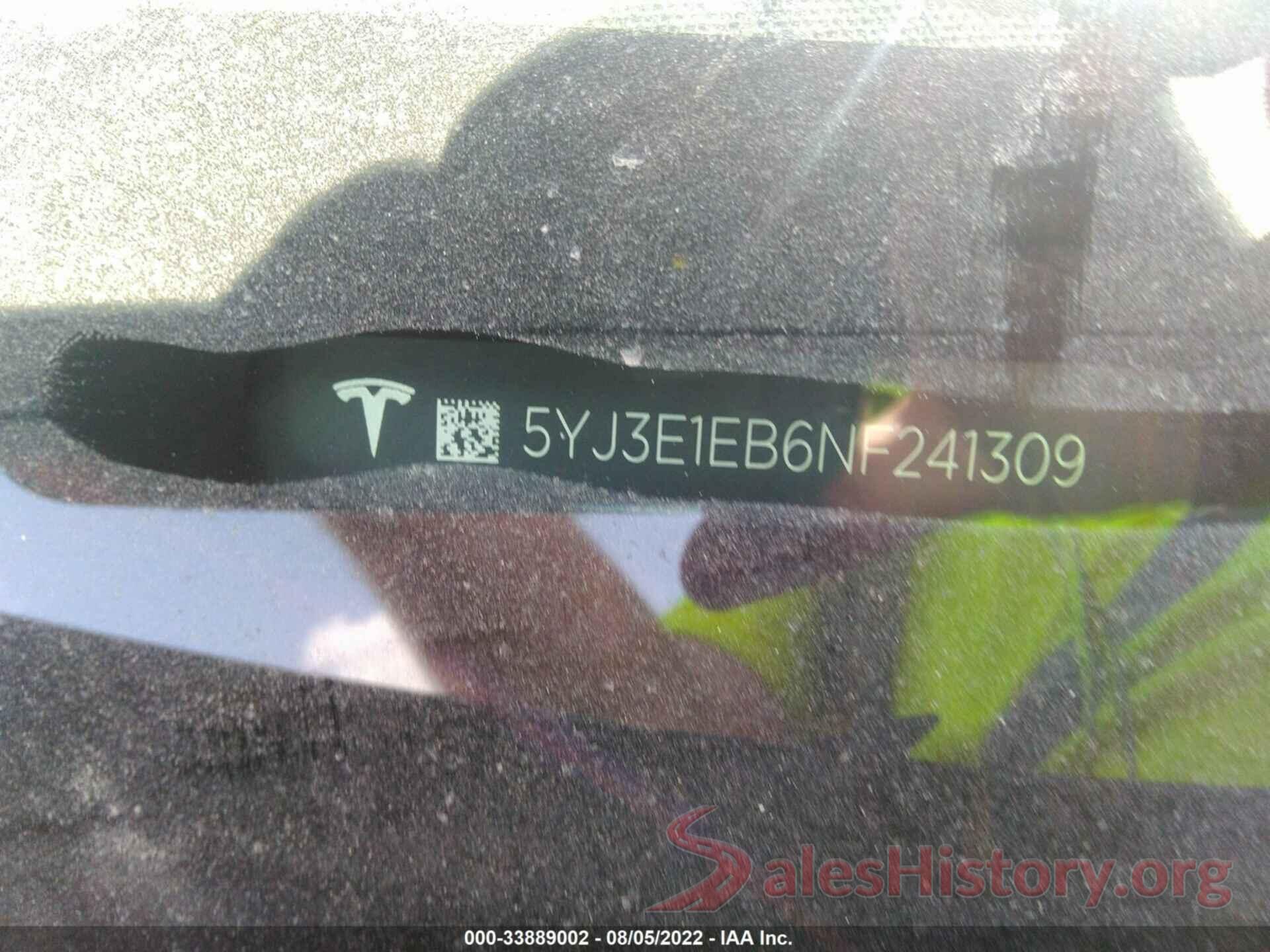 5YJ3E1EB6NF241309 2022 TESLA MODEL 3