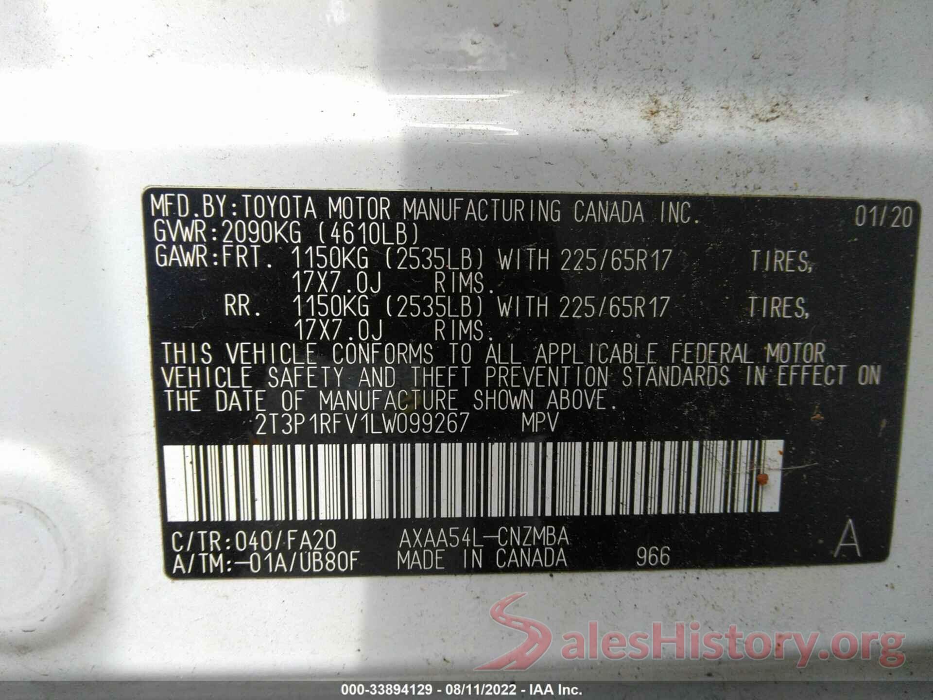 2T3P1RFV1LW099267 2020 TOYOTA RAV4