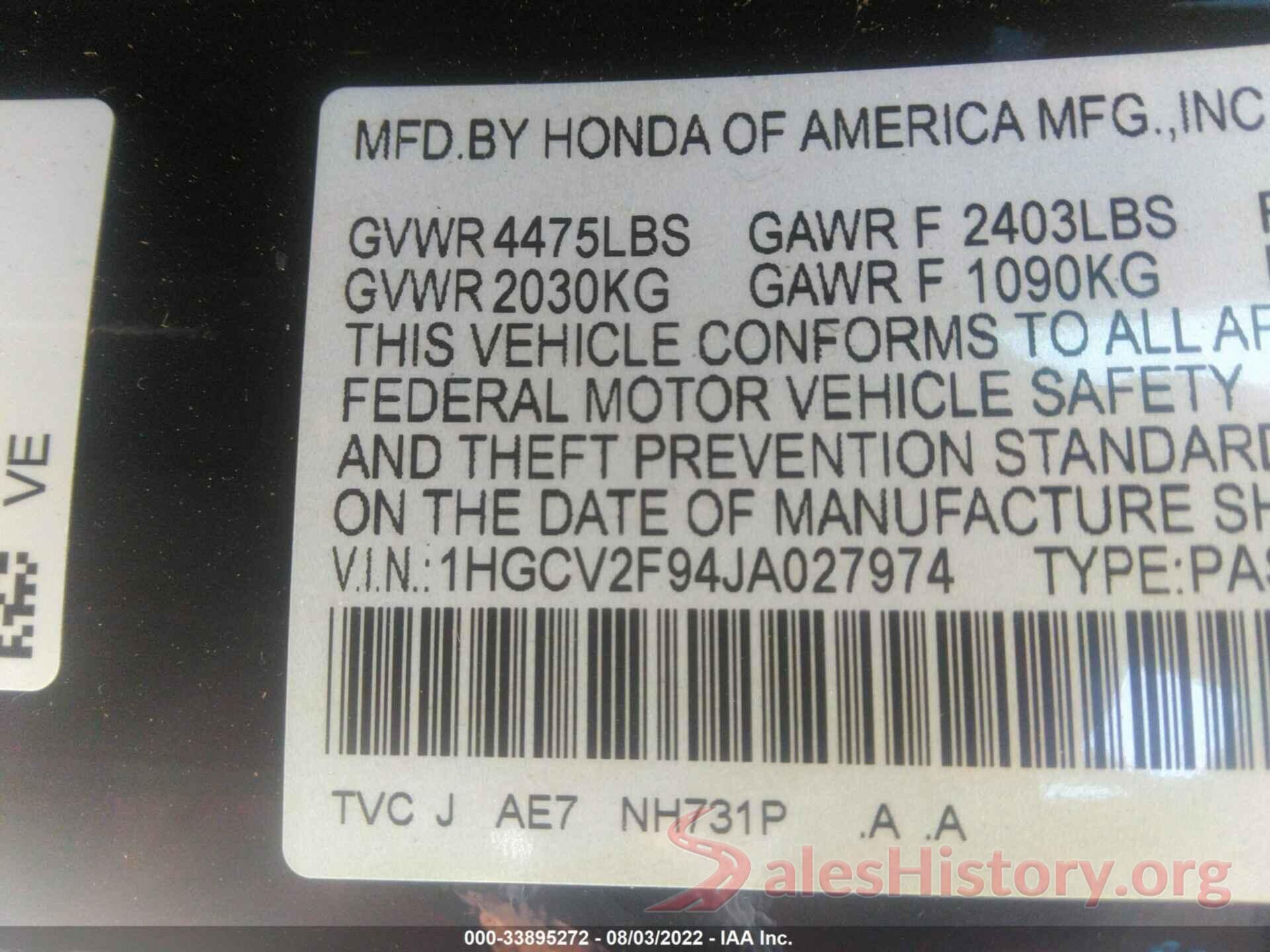 1HGCV2F94JA027974 2018 HONDA ACCORD SEDAN