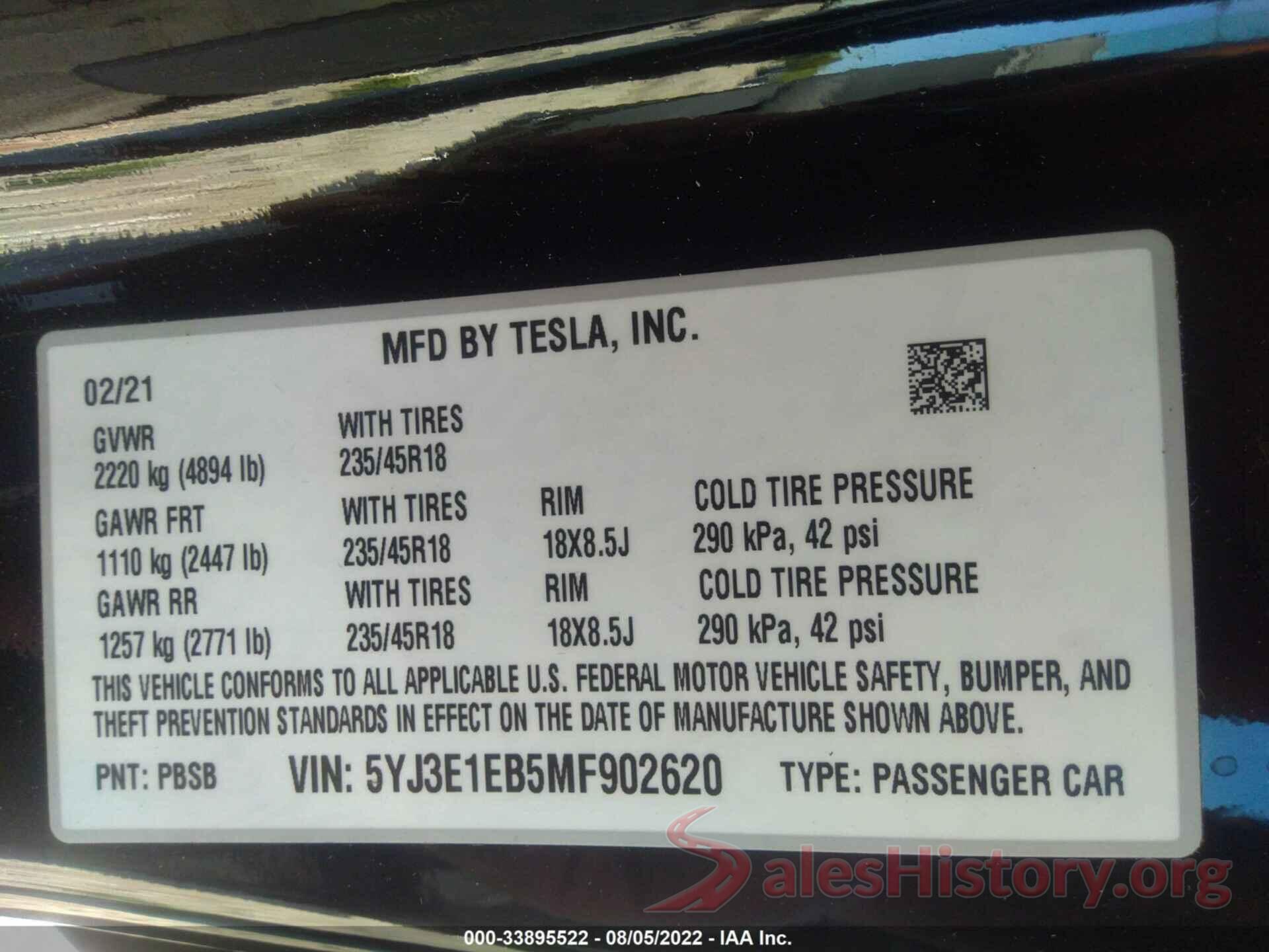 5YJ3E1EB5MF902620 2021 TESLA MODEL 3