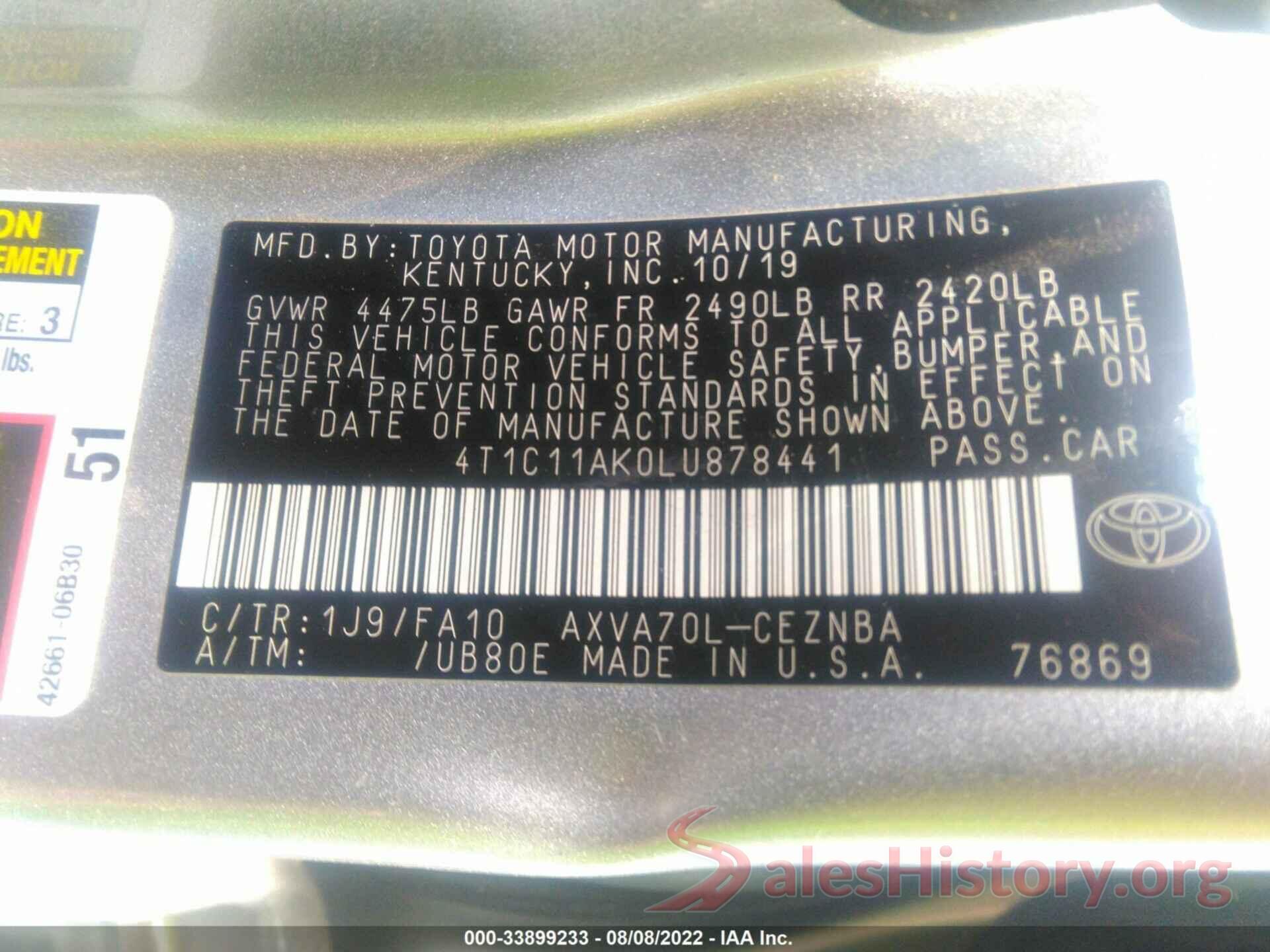 4T1C11AK0LU878441 2020 TOYOTA CAMRY