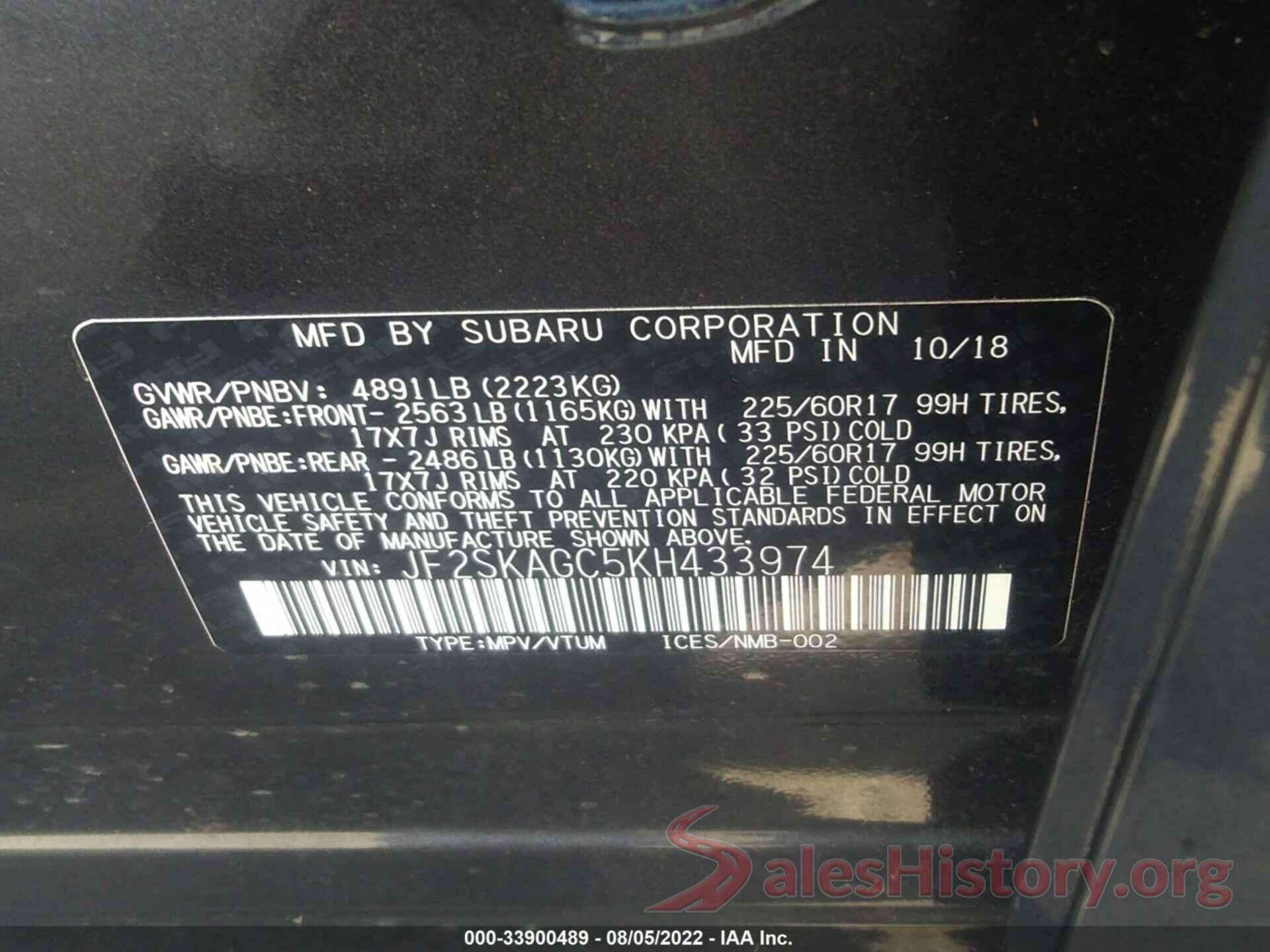 JF2SKAGC5KH433974 2019 SUBARU FORESTER