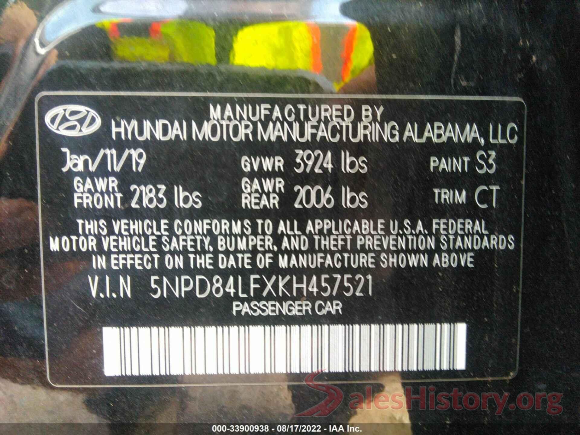 5NPD84LFXKH457521 2019 HYUNDAI ELANTRA