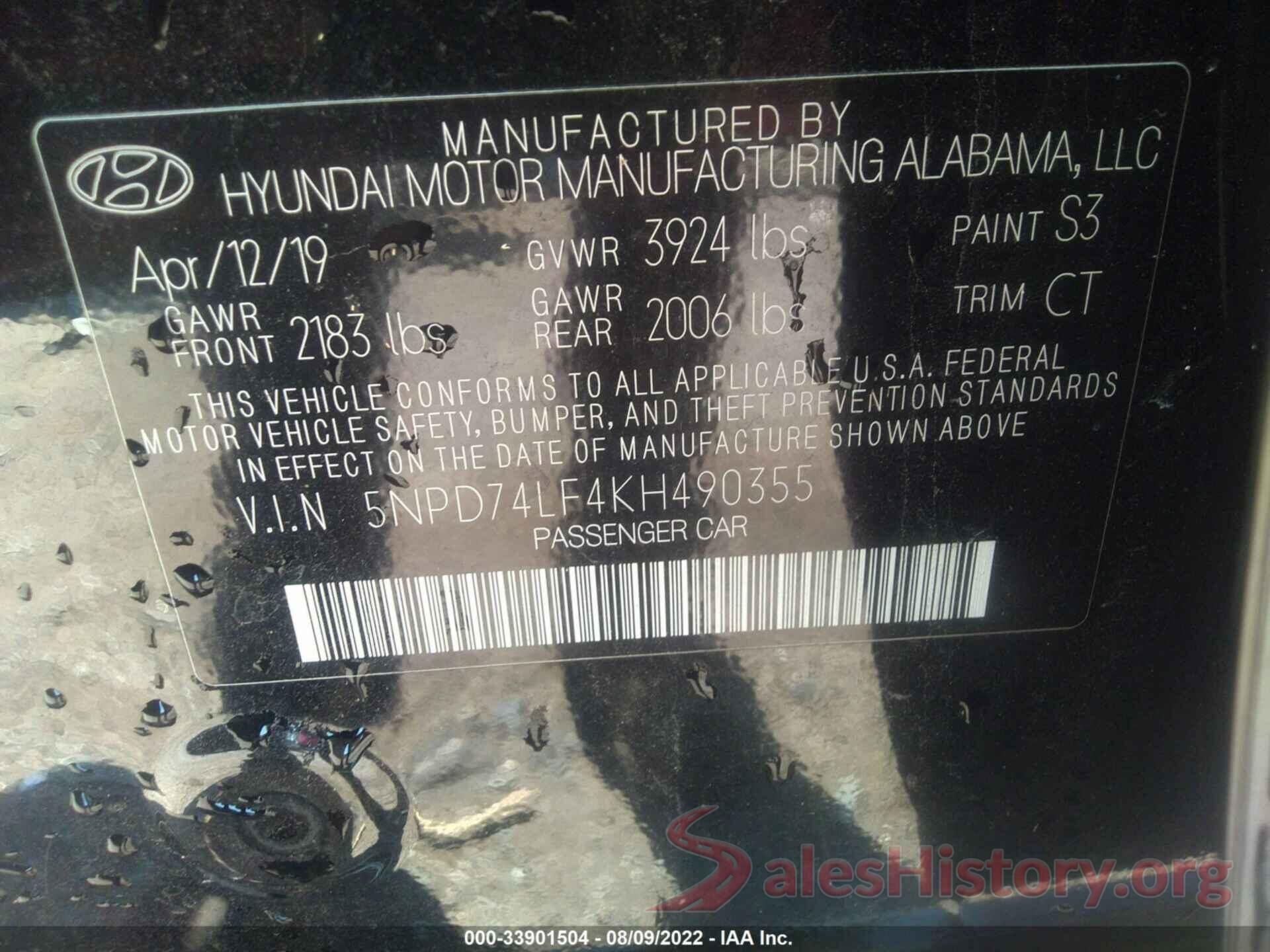 5NPD74LF4KH490355 2019 HYUNDAI ELANTRA