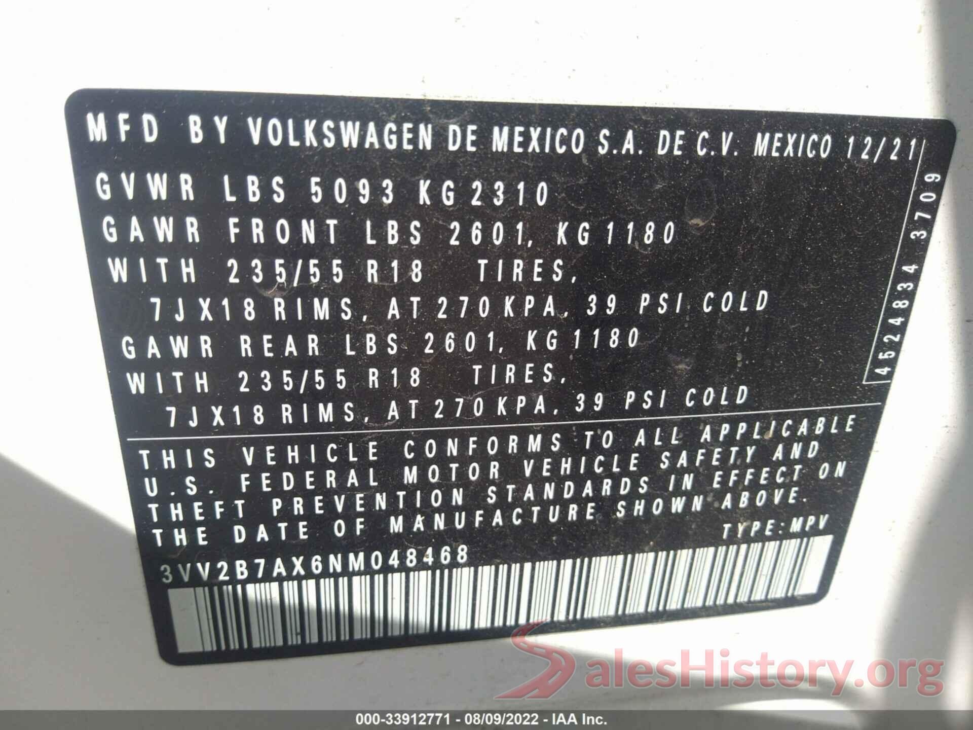 3VV2B7AX6NM048468 2022 VOLKSWAGEN TIGUAN