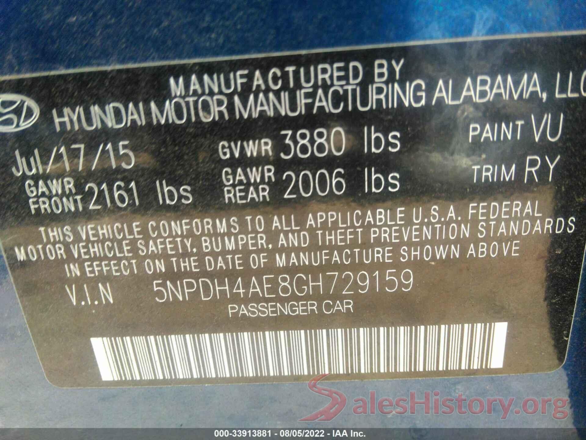 5NPDH4AE8GH729159 2016 HYUNDAI ELANTRA