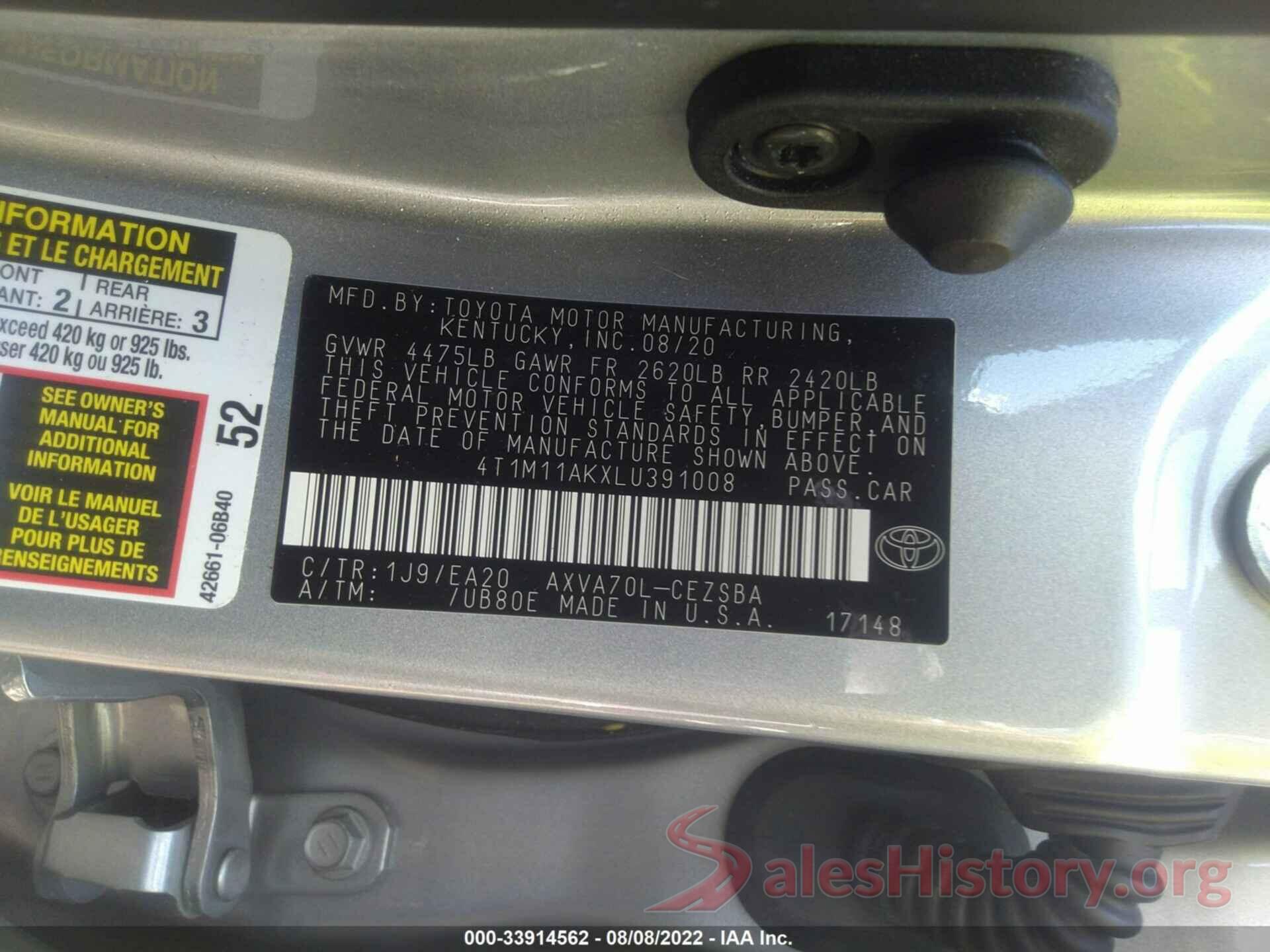 4T1M11AKXLU391008 2020 TOYOTA CAMRY