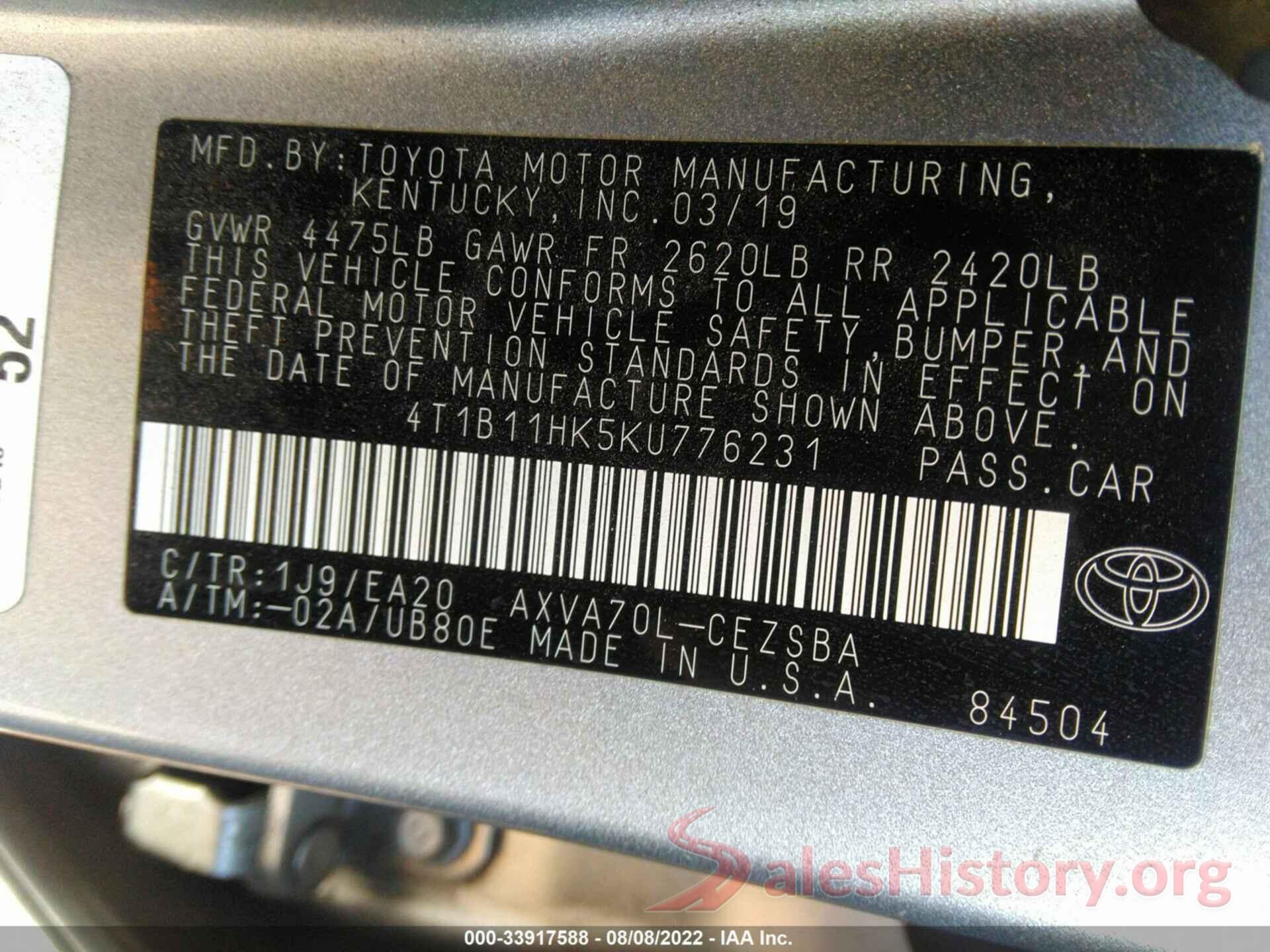 4T1B11HK5KU776231 2019 TOYOTA CAMRY