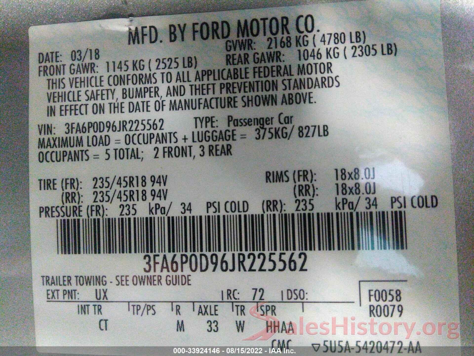 3FA6P0D96JR225562 2018 FORD FUSION