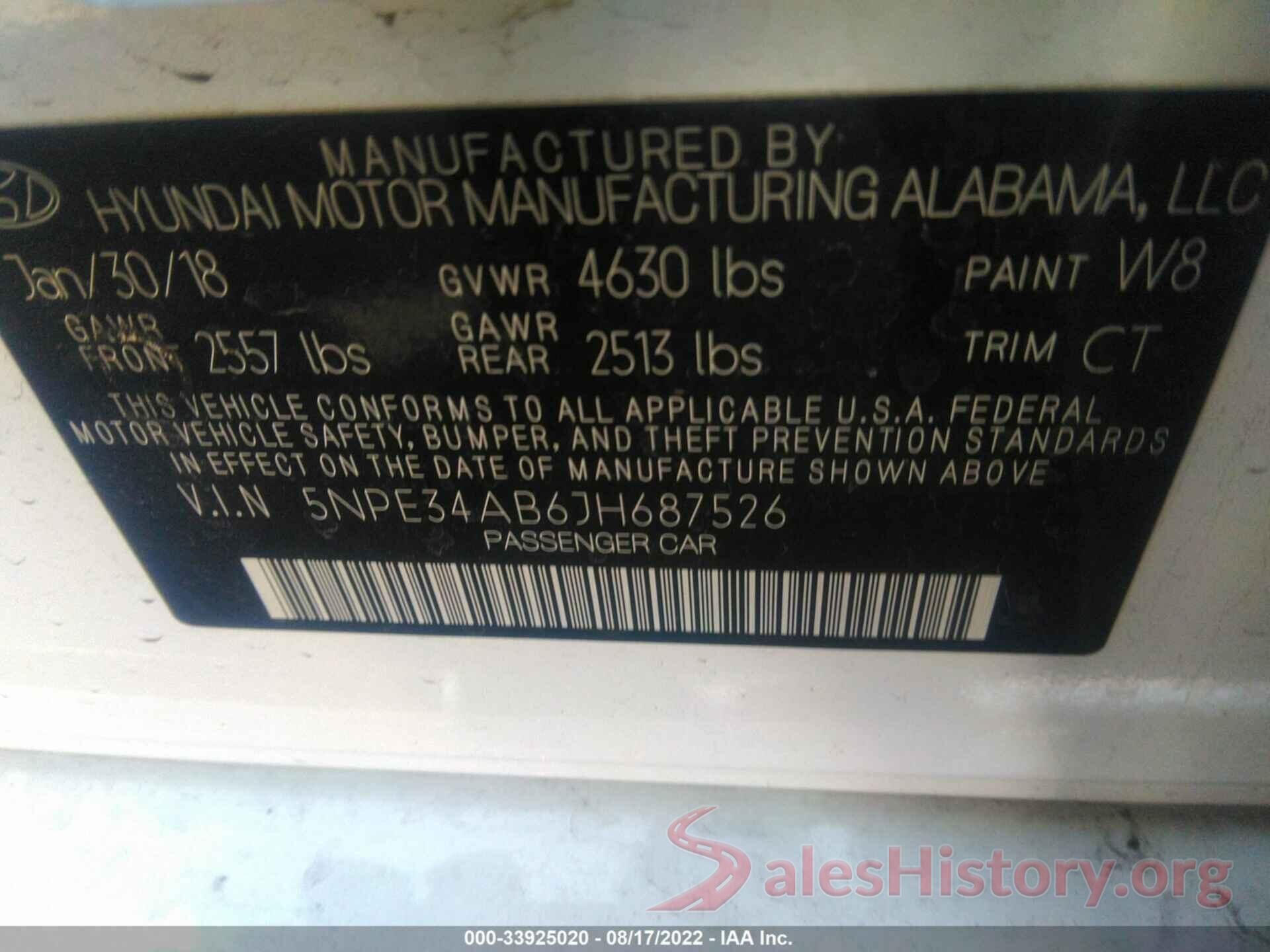 5NPE34AB6JH687526 2018 HYUNDAI SONATA