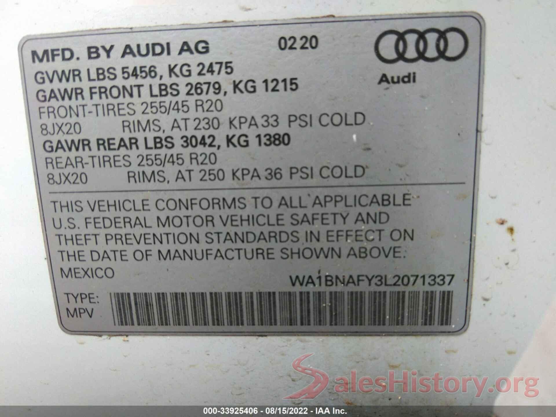 WA1BNAFY3L2071337 2020 AUDI Q5