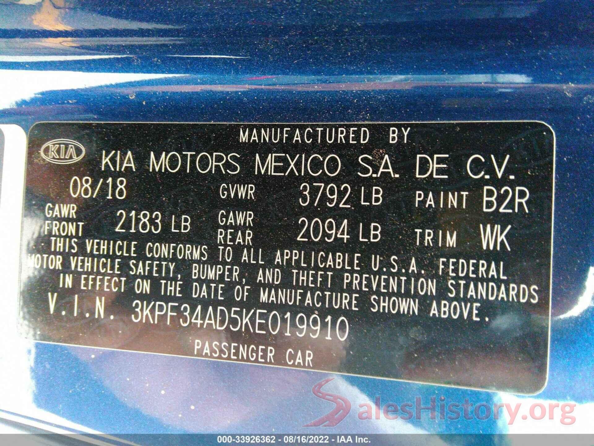 3KPF34AD5KE019910 2019 KIA FORTE