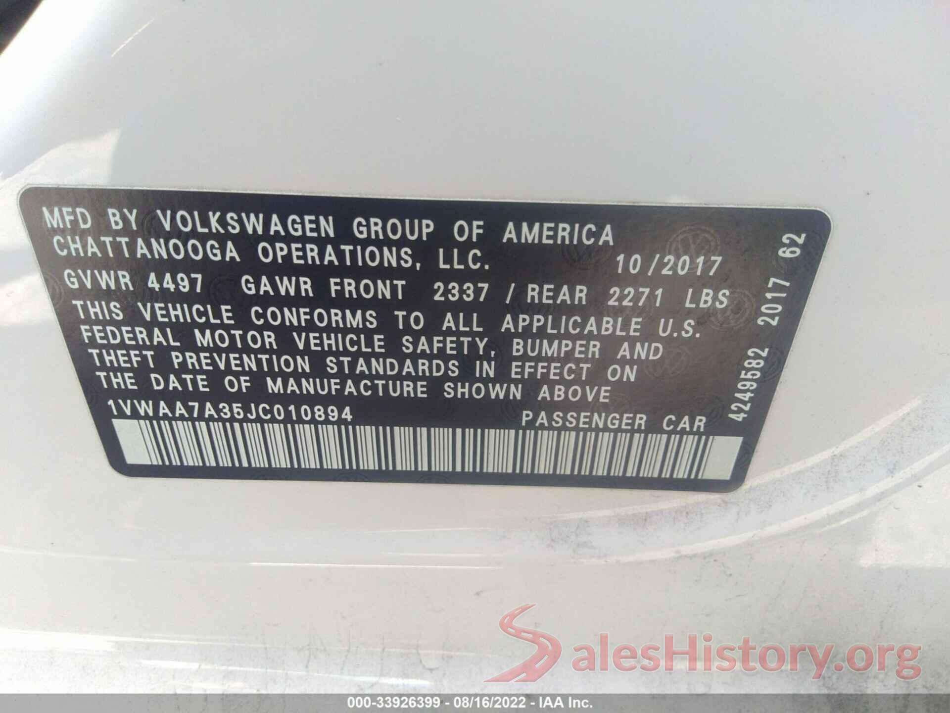 1VWAA7A35JC010894 2018 VOLKSWAGEN PASSAT