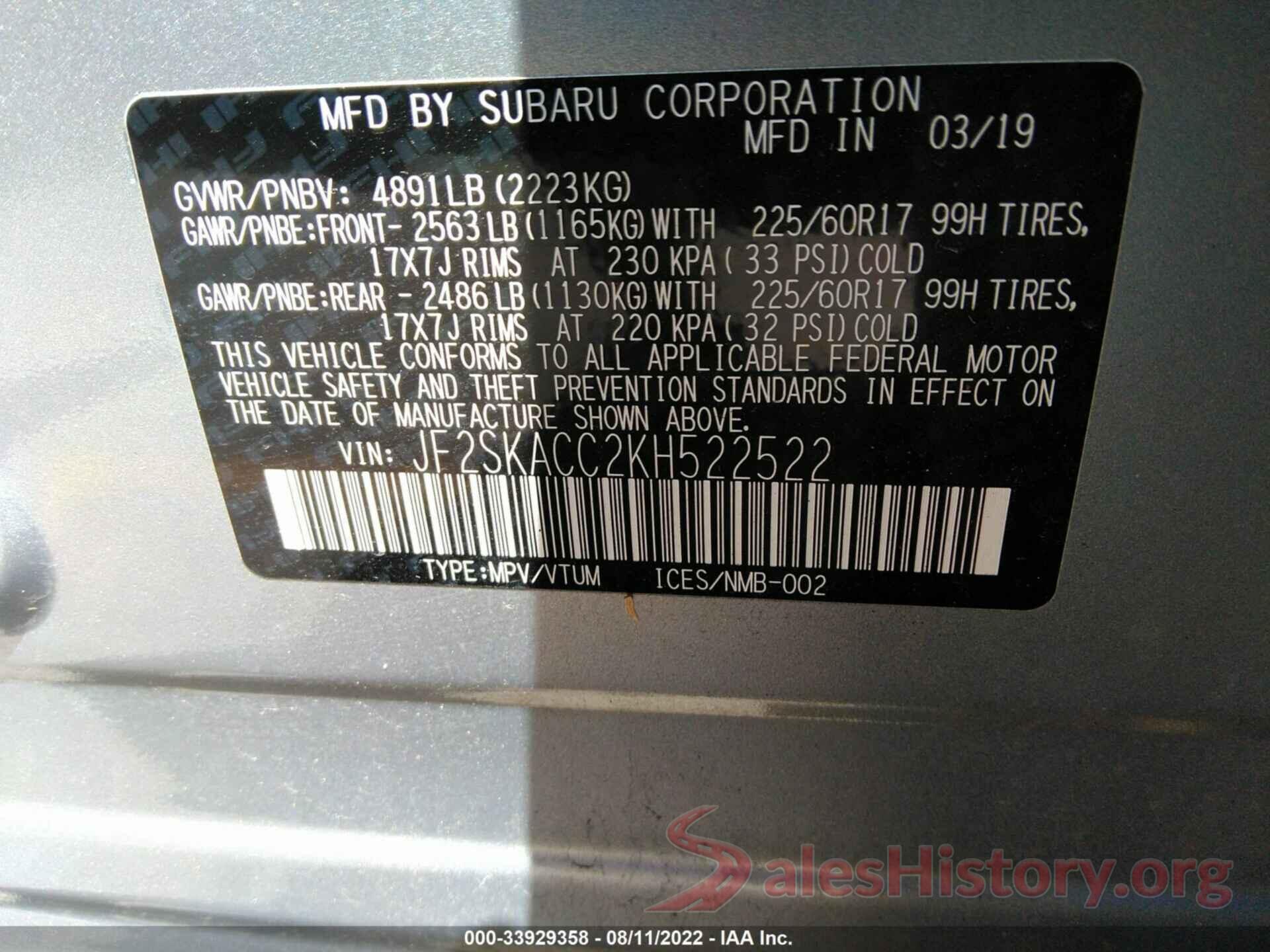 JF2SKACC2KH522522 2019 SUBARU FORESTER