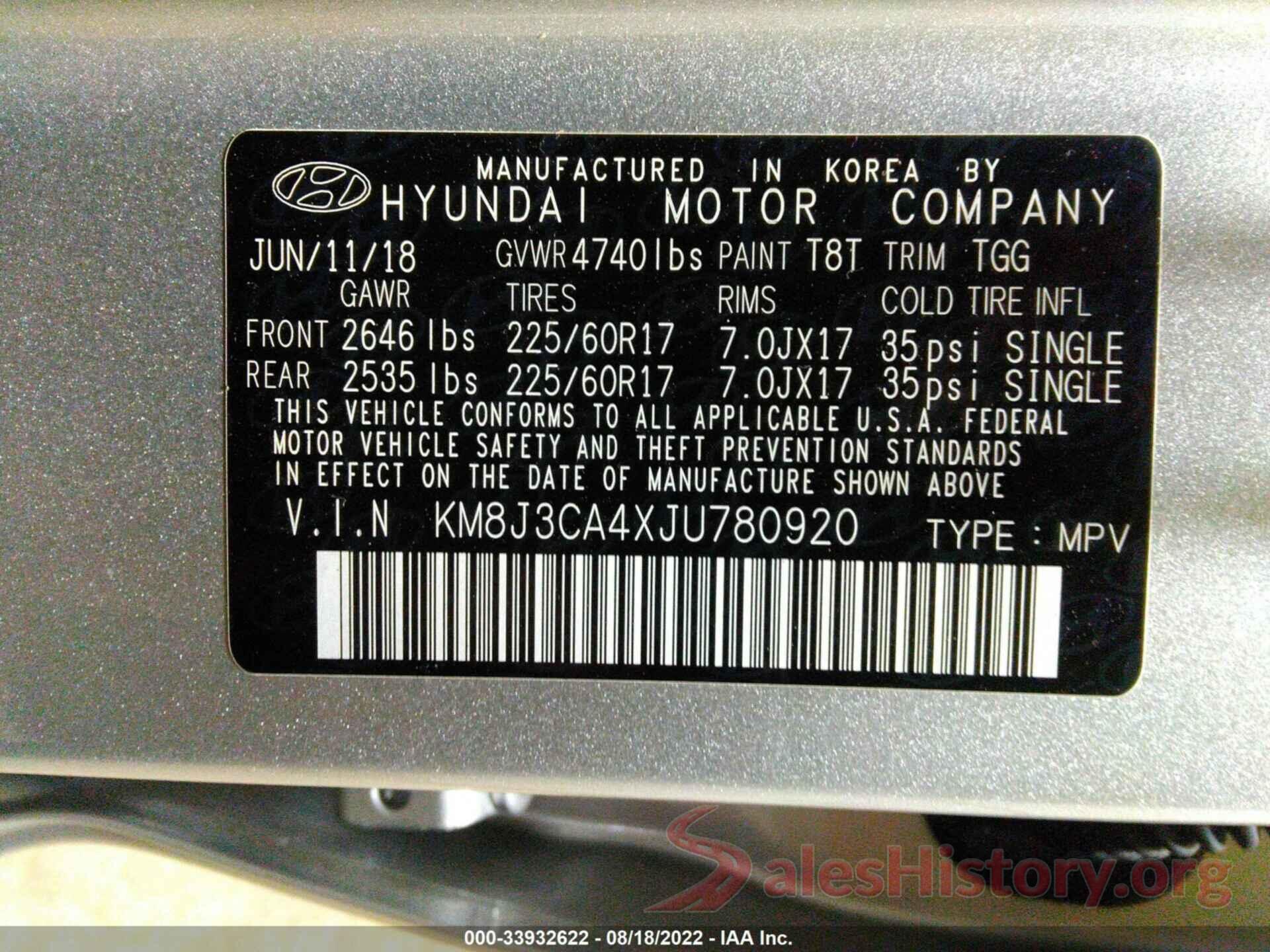 KM8J3CA4XJU780920 2018 HYUNDAI TUCSON