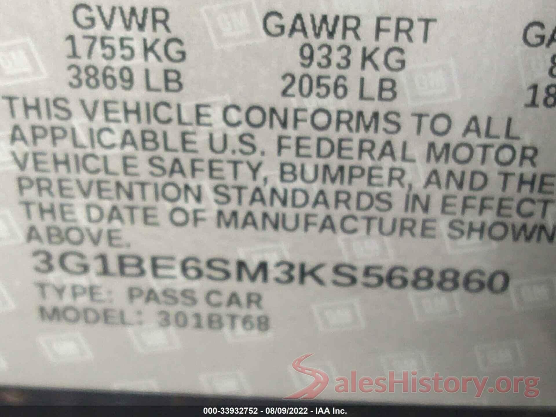 3G1BE6SM3KS568860 2019 CHEVROLET CRUZE