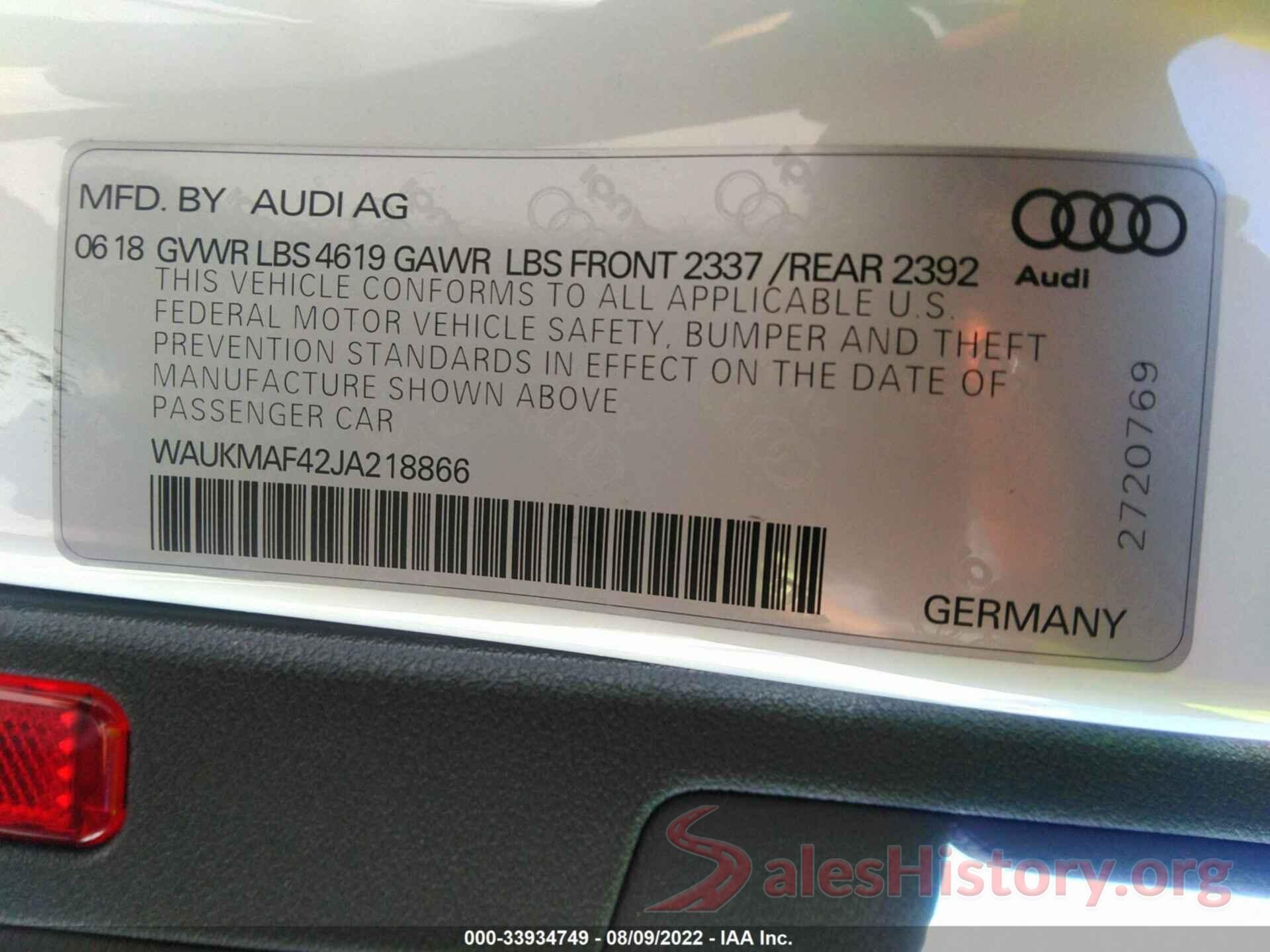 WAUKMAF42JA218866 2018 AUDI A4