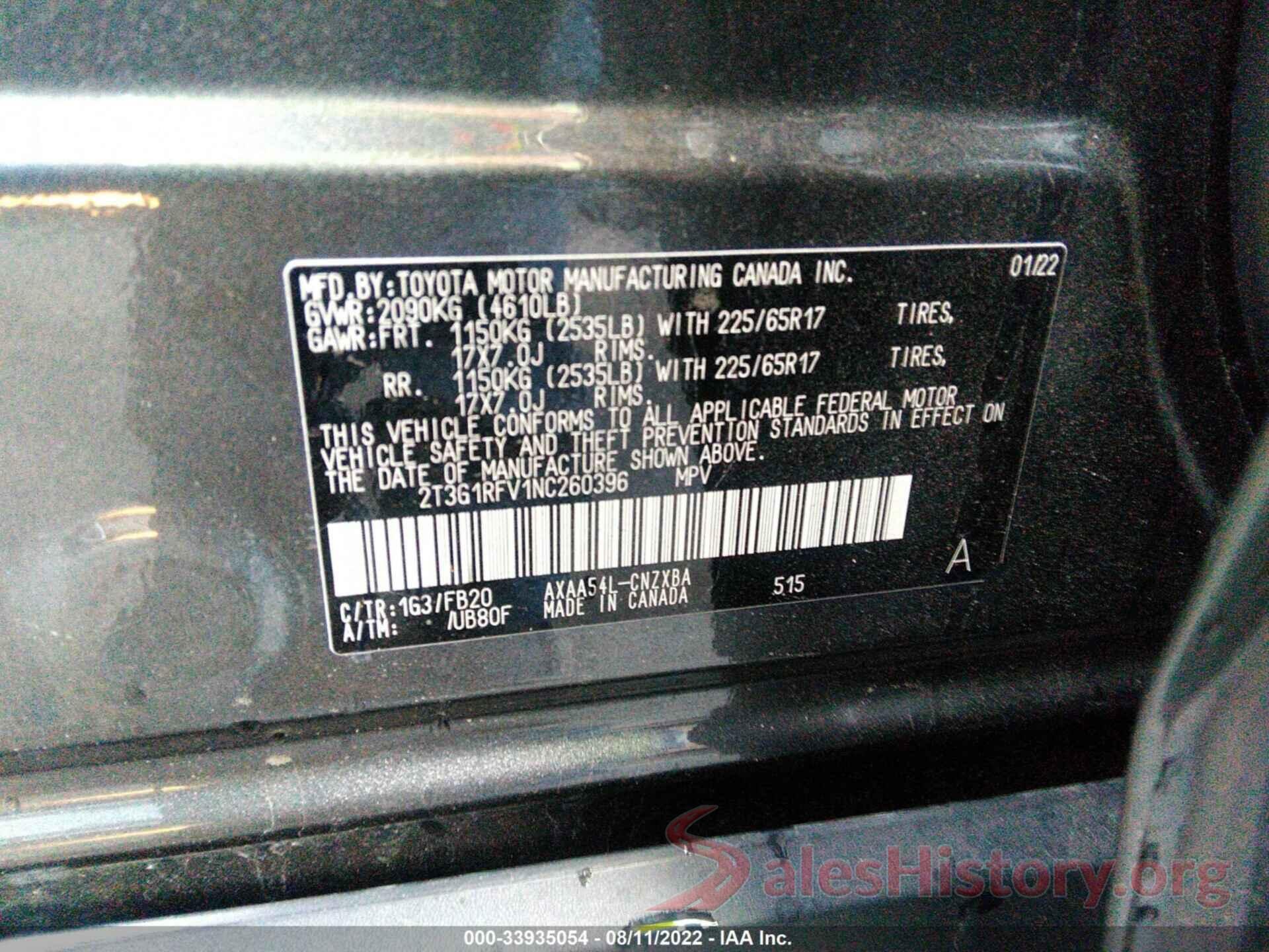 2T3G1RFV1NC260396 2022 TOYOTA RAV4