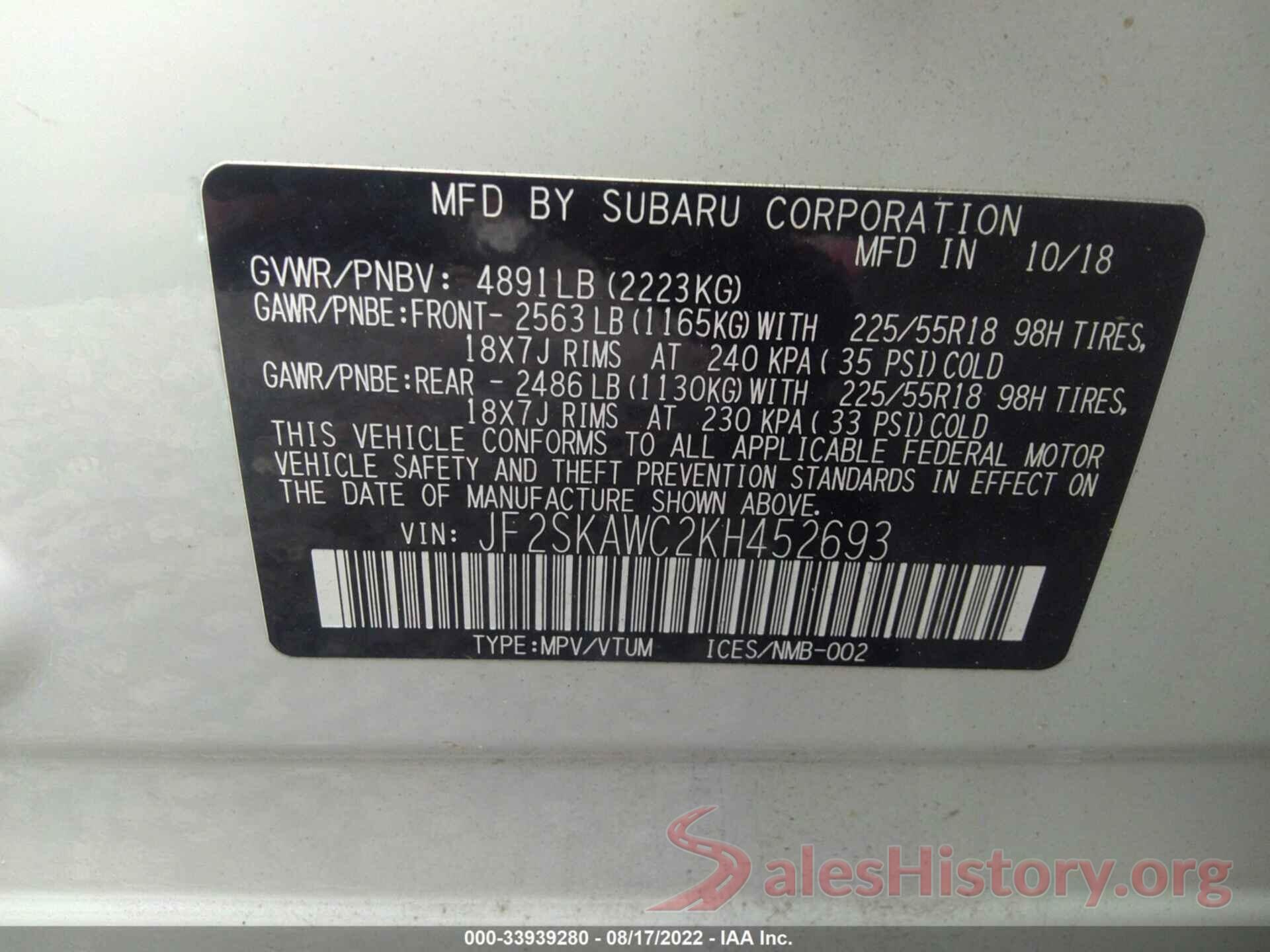 JF2SKAWC2KH452693 2019 SUBARU FORESTER