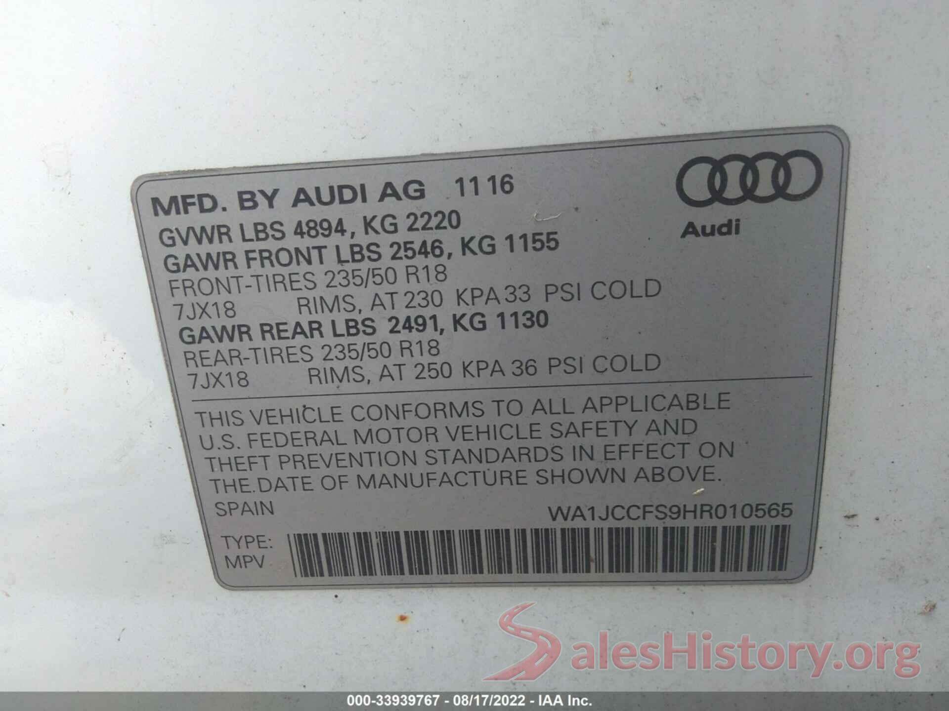 WA1JCCFS9HR010565 2017 AUDI Q3