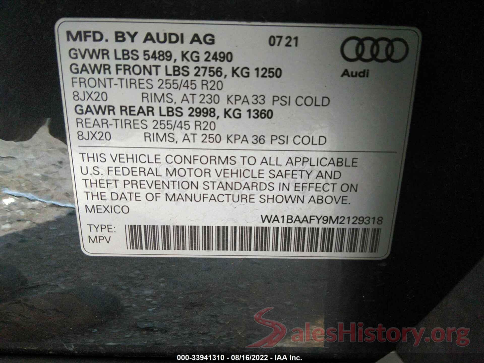 WA1BAAFY9M2129318 2021 AUDI Q5