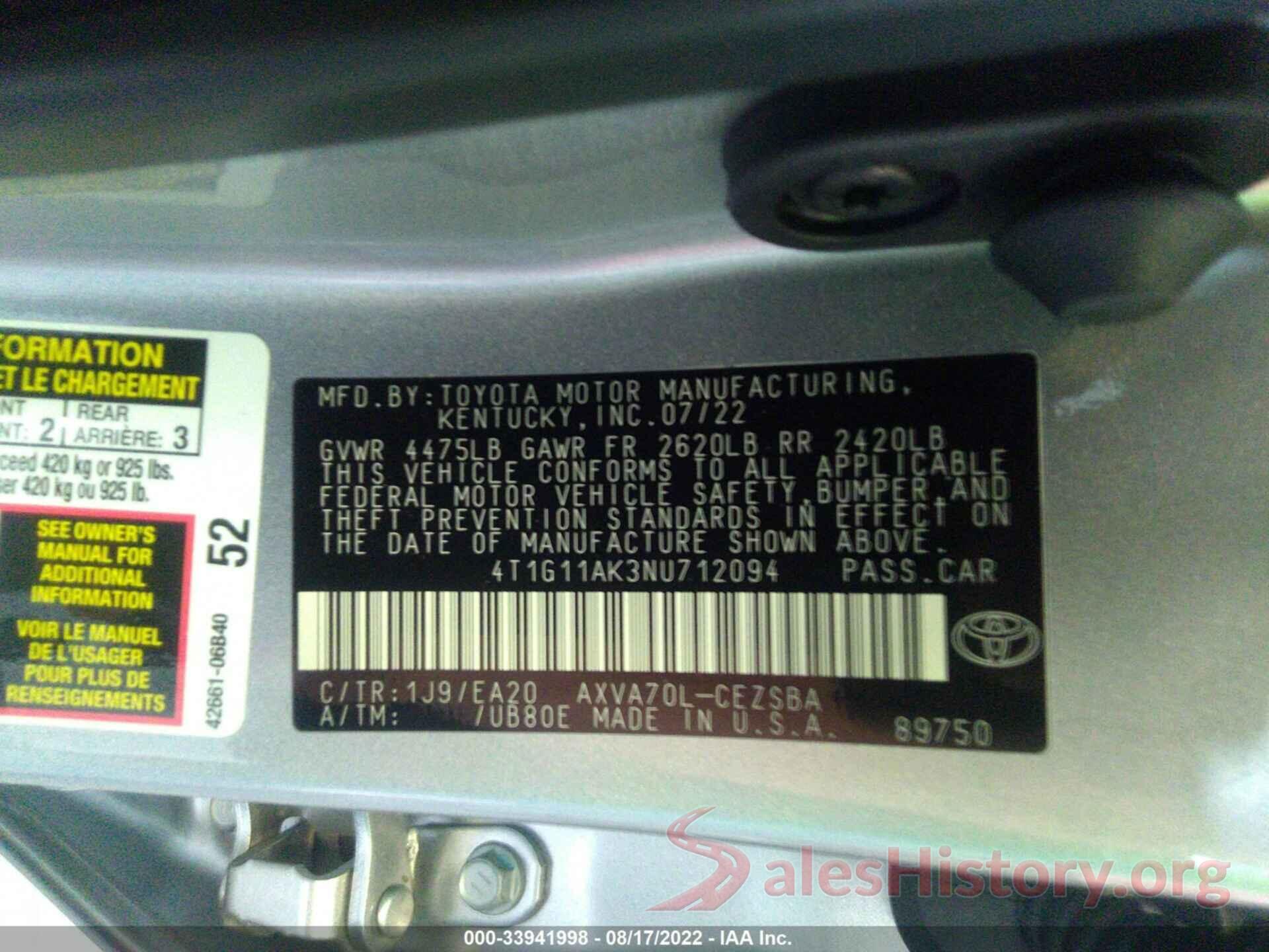 4T1G11AK3NU712094 2022 TOYOTA CAMRY