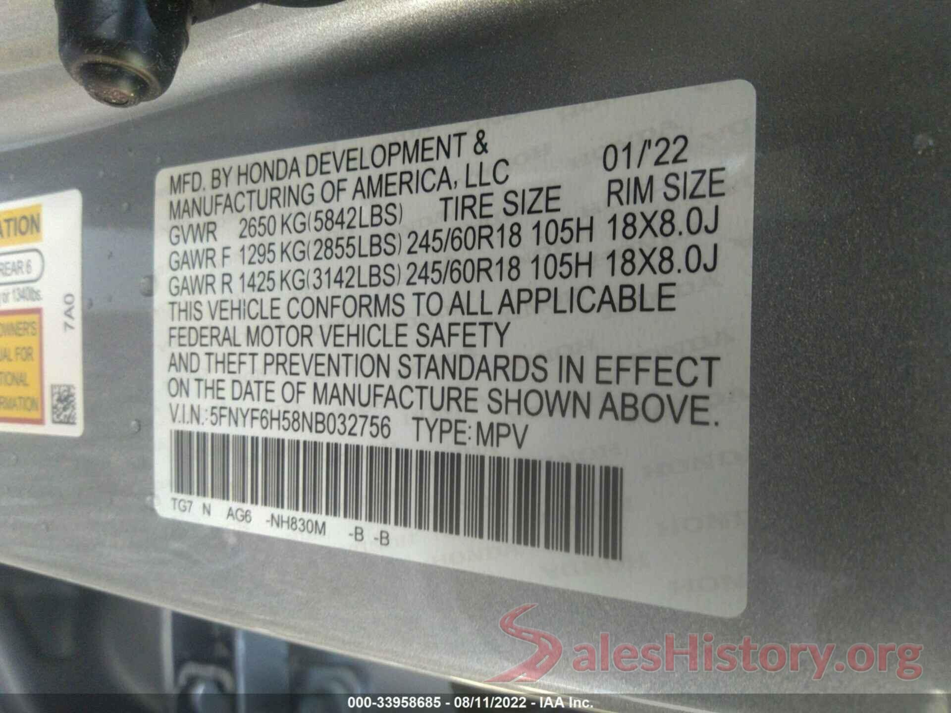 5FNYF6H58NB032756 2022 HONDA PILOT