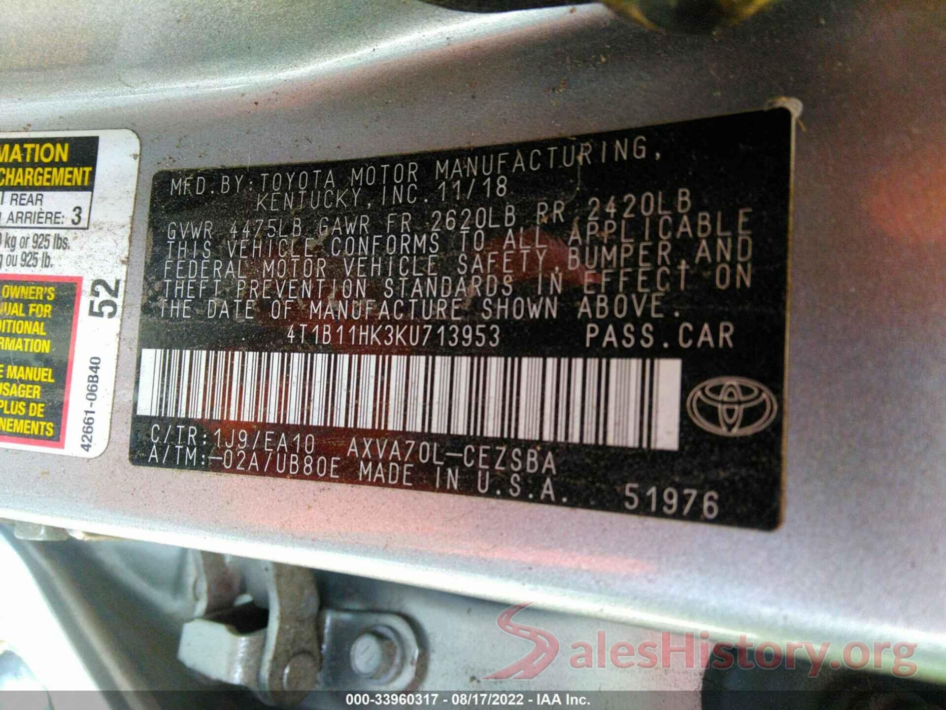 4T1B11HK3KU713953 2019 TOYOTA CAMRY