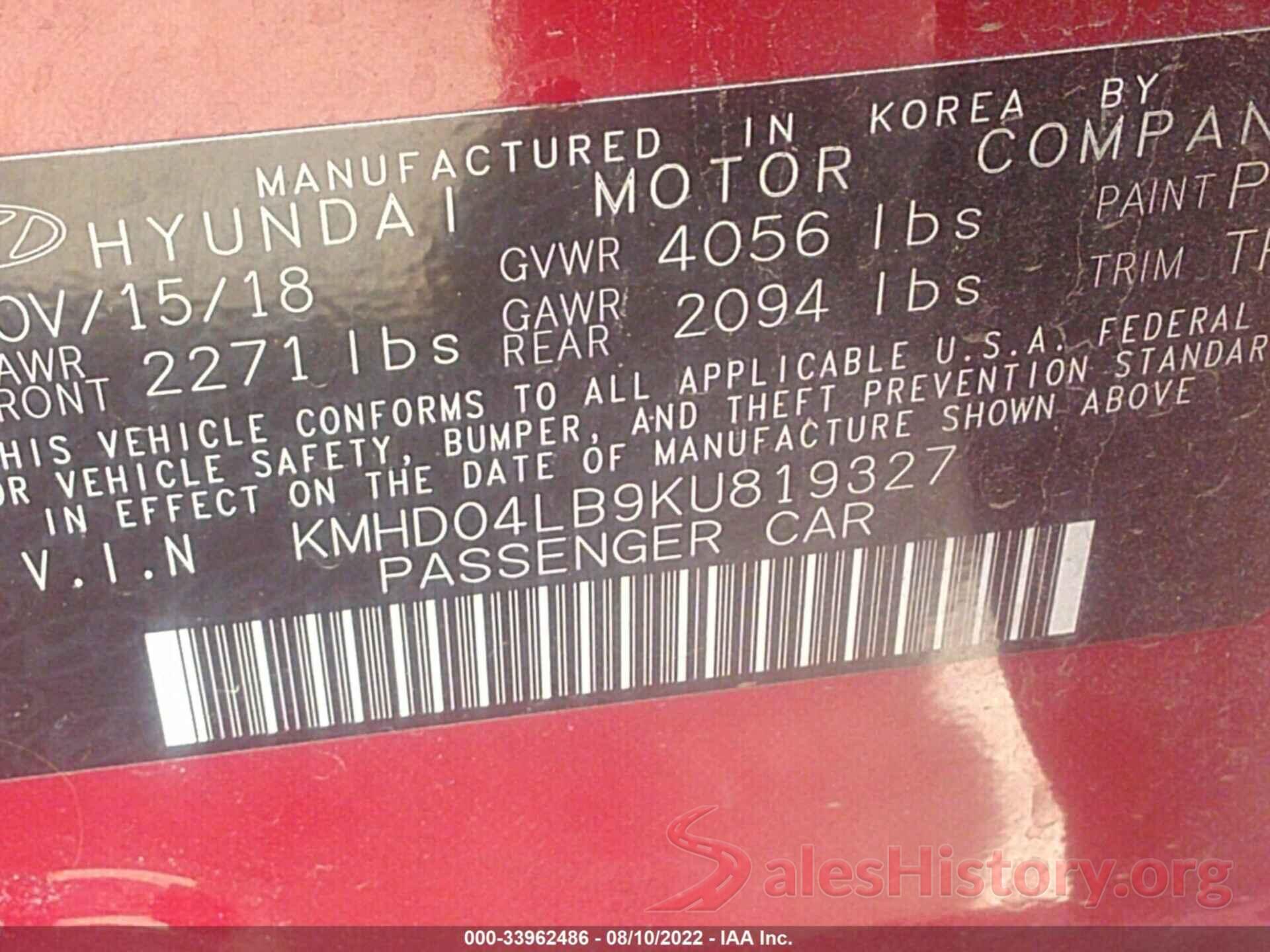 KMHD04LB9KU819327 2019 HYUNDAI ELANTRA