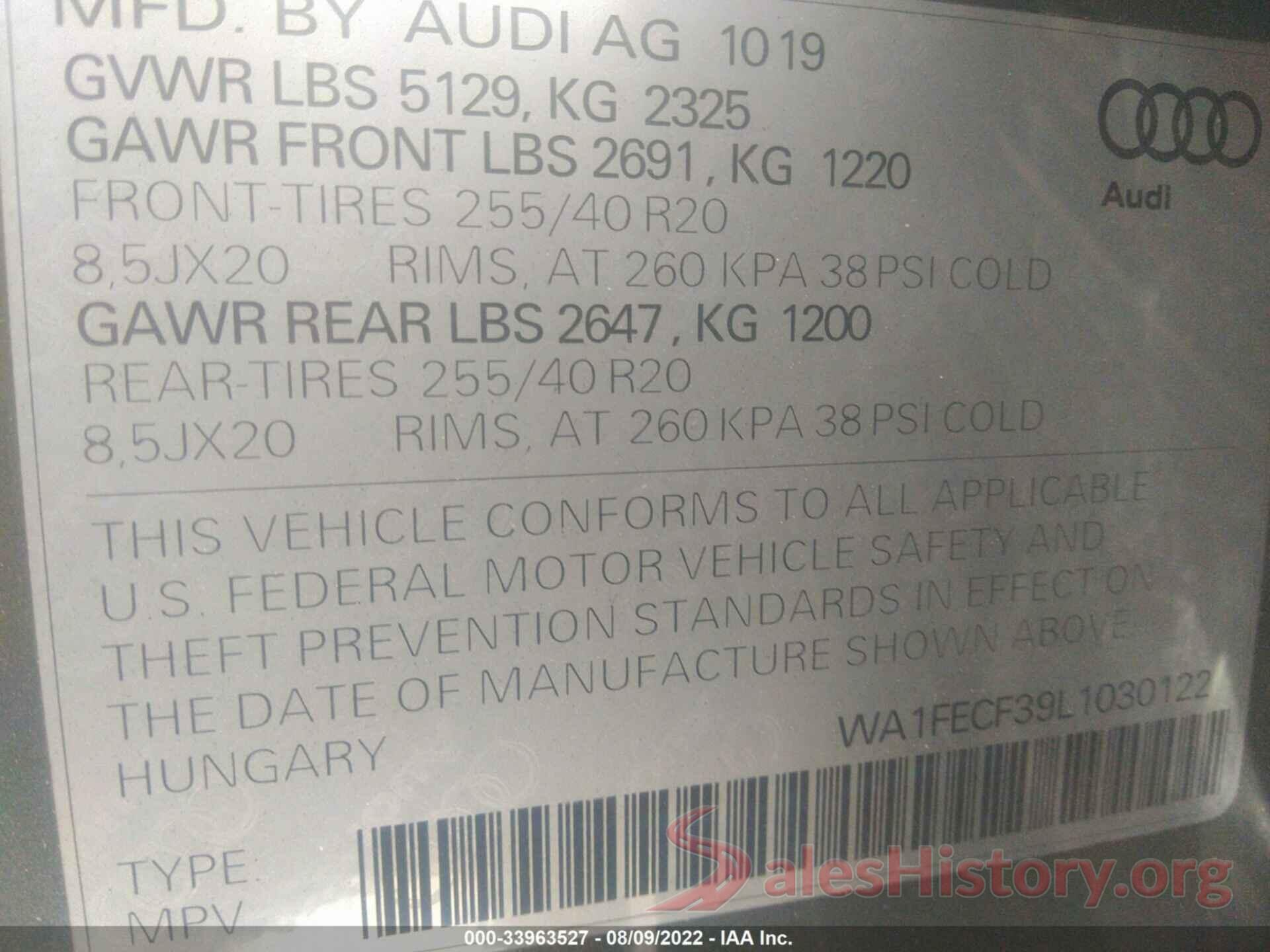 WA1FECF39L1030122 2020 AUDI Q3