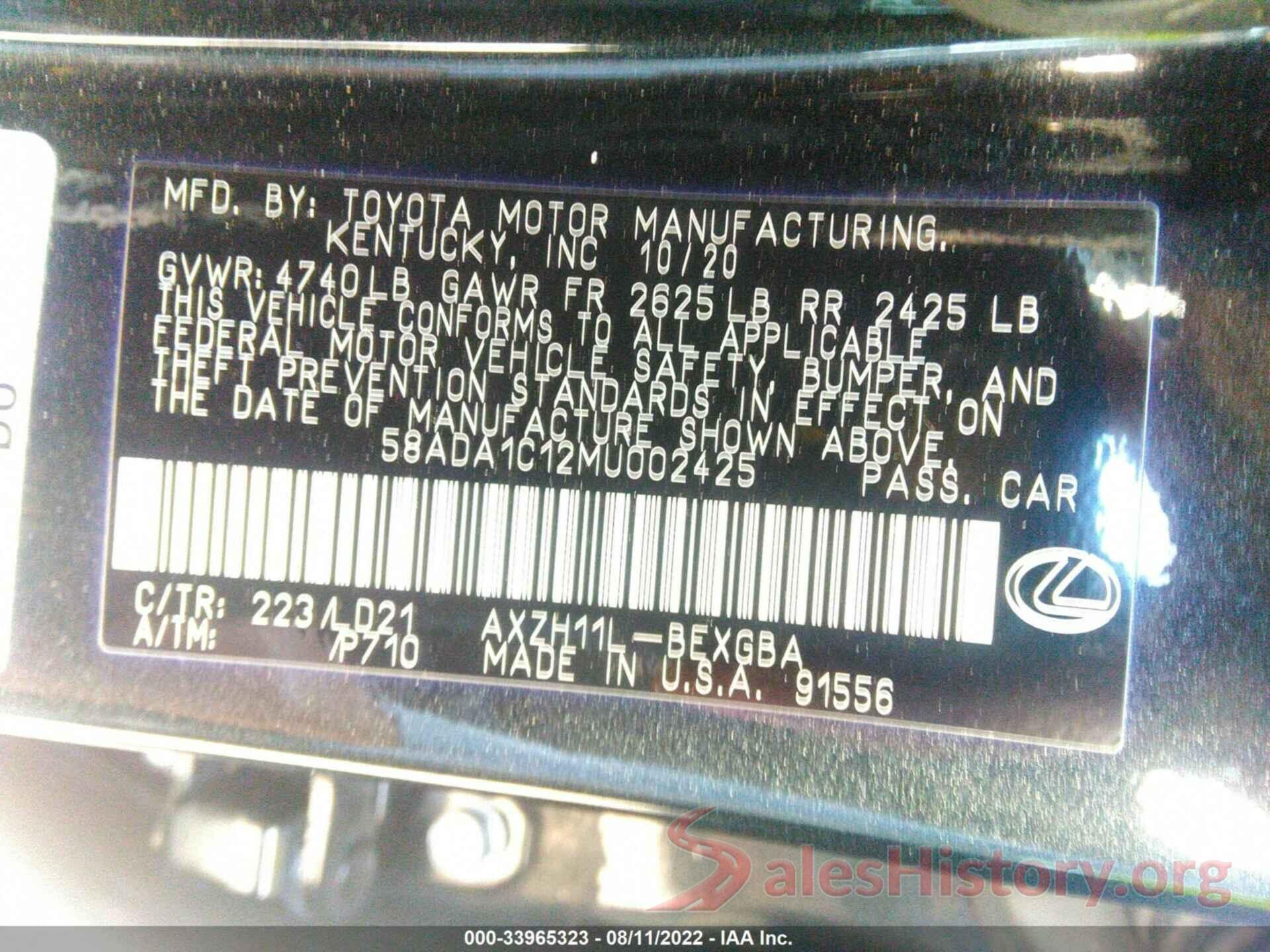 58ADA1C12MU002425 2021 LEXUS ES