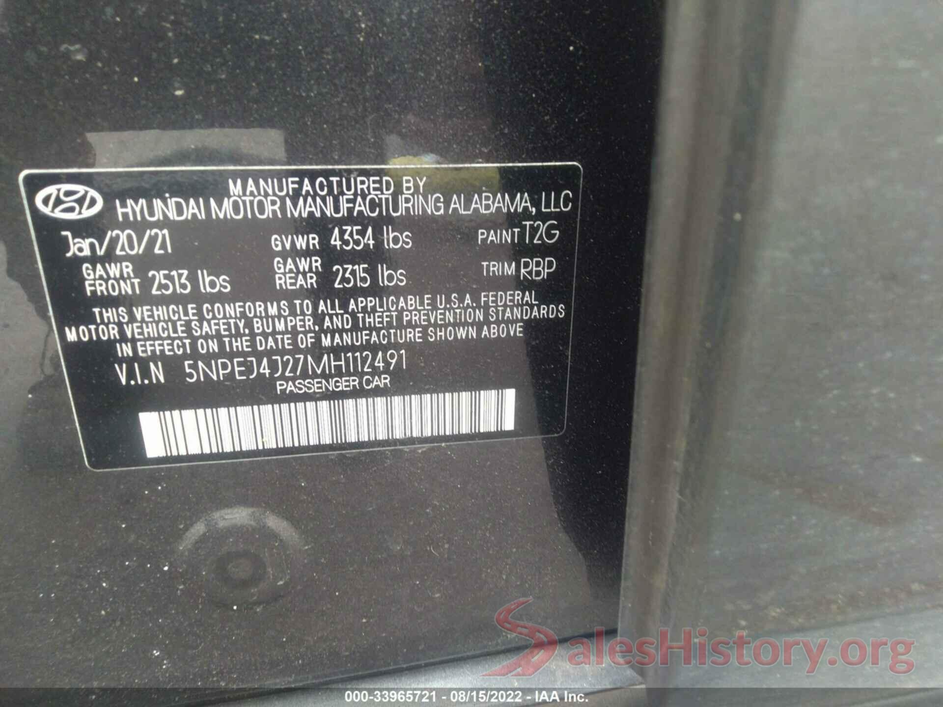 5NPEJ4J27MH112491 2021 HYUNDAI SONATA