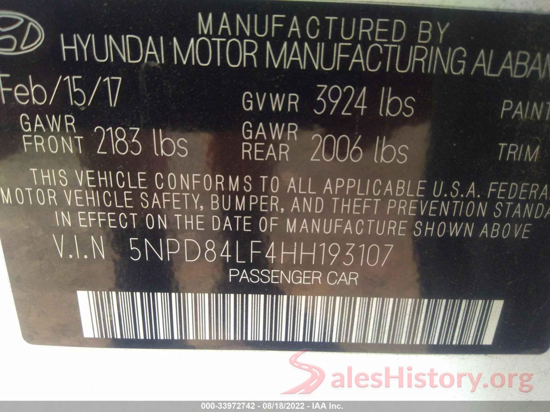 5NPD84LF4HH193107 2017 HYUNDAI ELANTRA