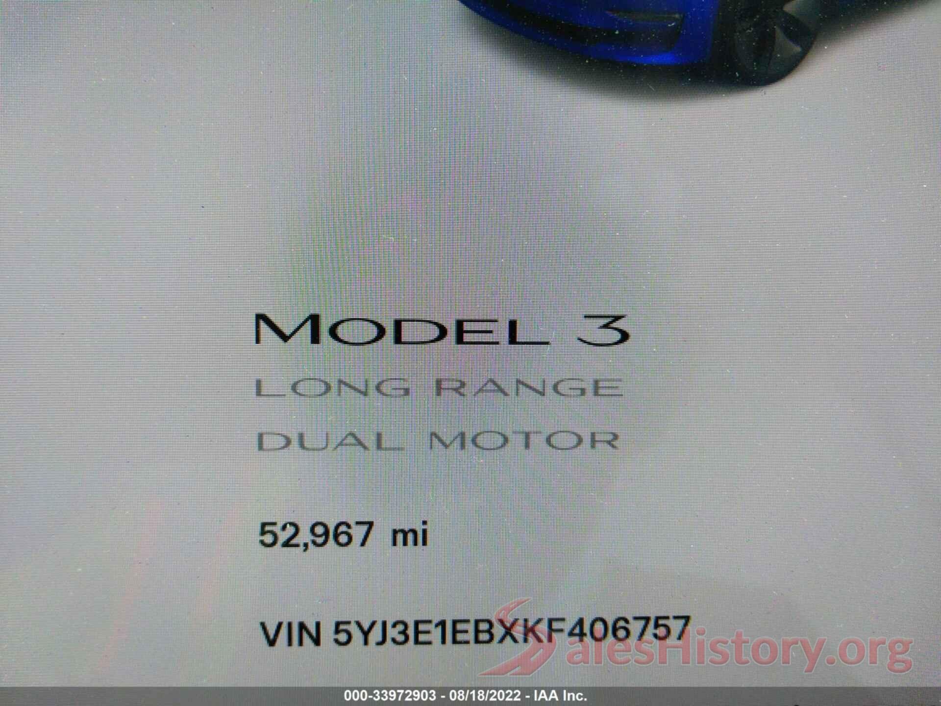 5YJ3E1EBXKF406757 2019 TESLA MODEL 3