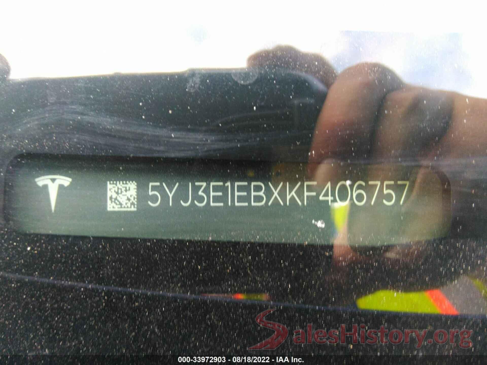 5YJ3E1EBXKF406757 2019 TESLA MODEL 3