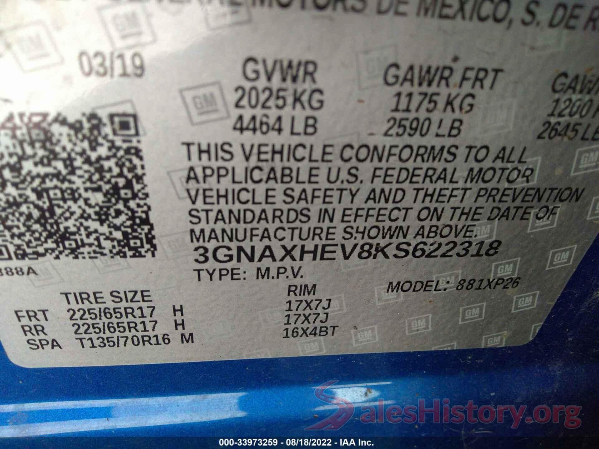 3GNAXHEV8KS622318 2019 CHEVROLET EQUINOX