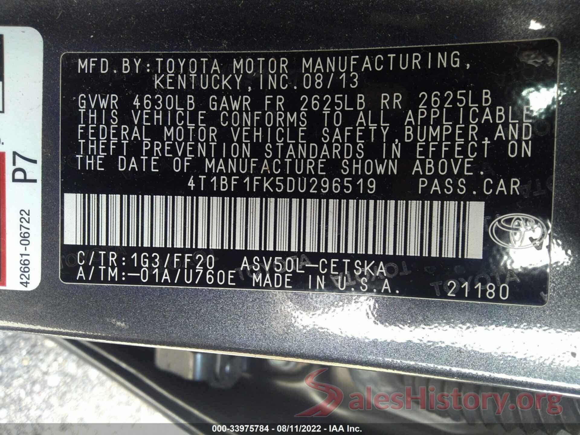 4T1BF1FK5DU296519 2013 TOYOTA CAMRY