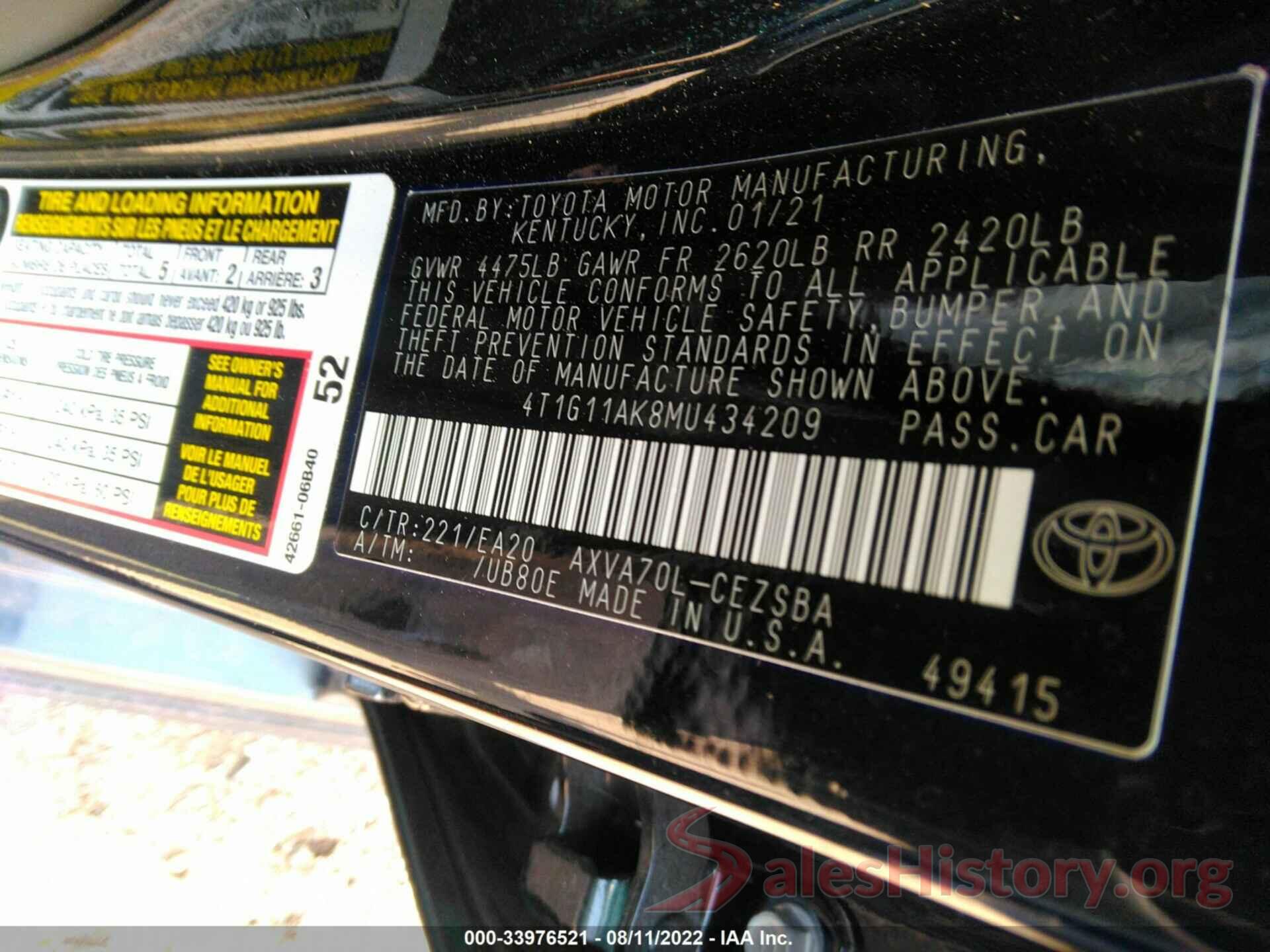 4T1G11AK8MU434209 2021 TOYOTA CAMRY