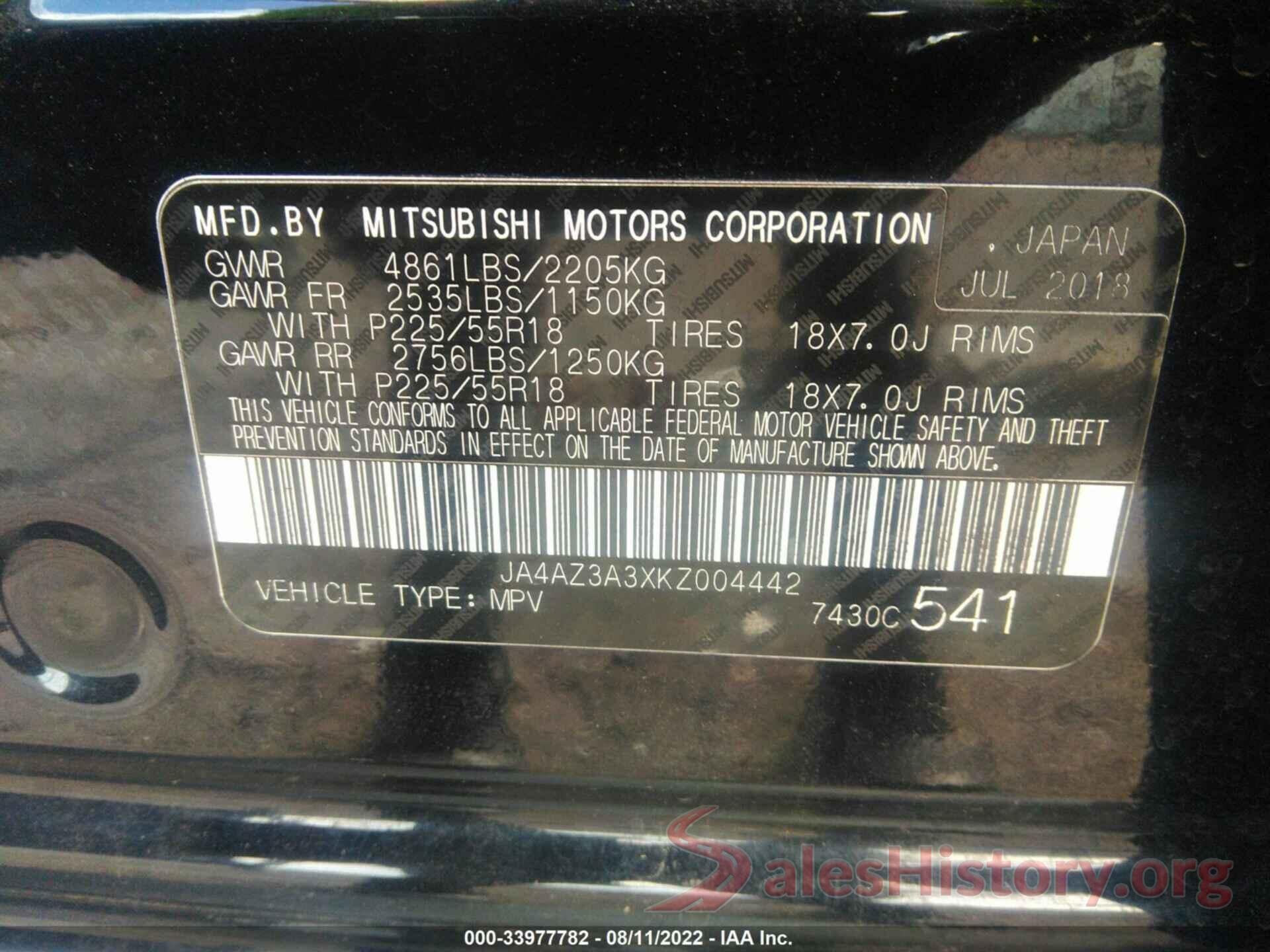 JA4AZ3A3XKZ004442 2019 MITSUBISHI OUTLANDER