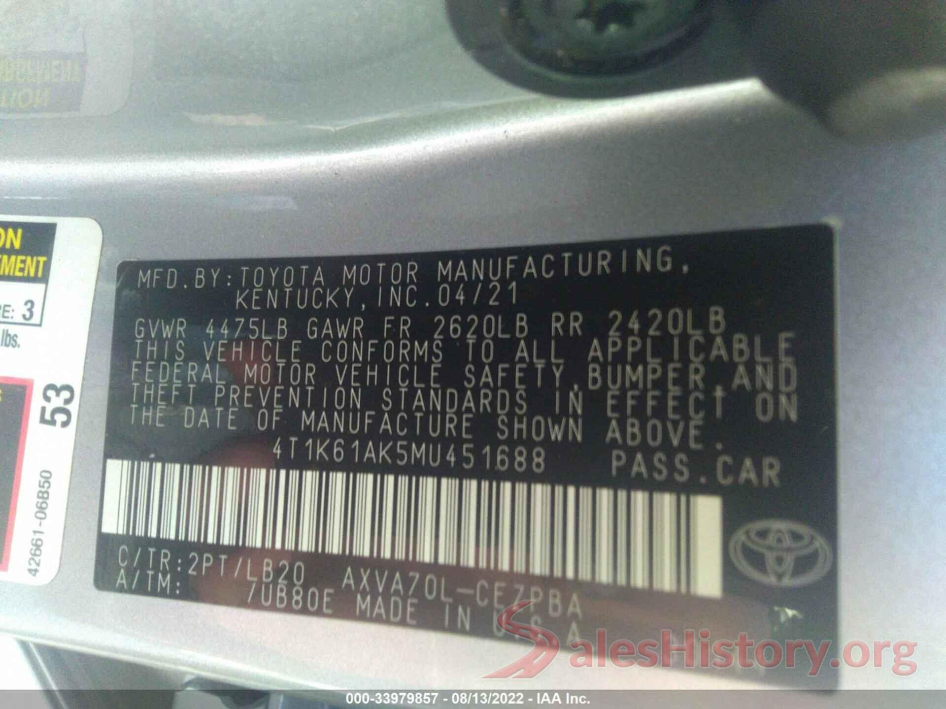 4T1K61AK5MU451688 2021 TOYOTA CAMRY